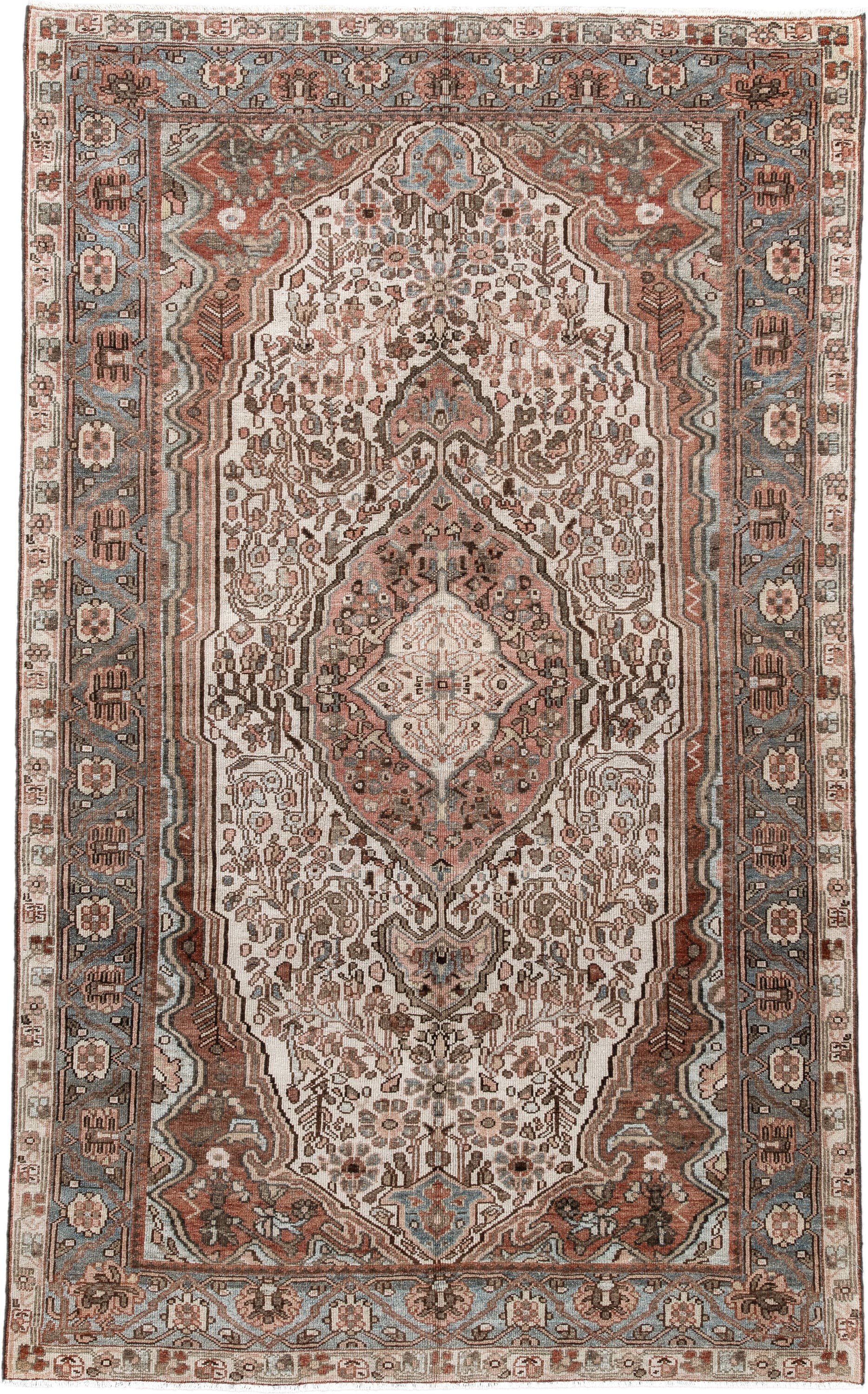 5' x 8' one-of-a-kind handmade antique Baktiary medium size rug. Color palette: ivory, dusty blue, rust, taupe, brown