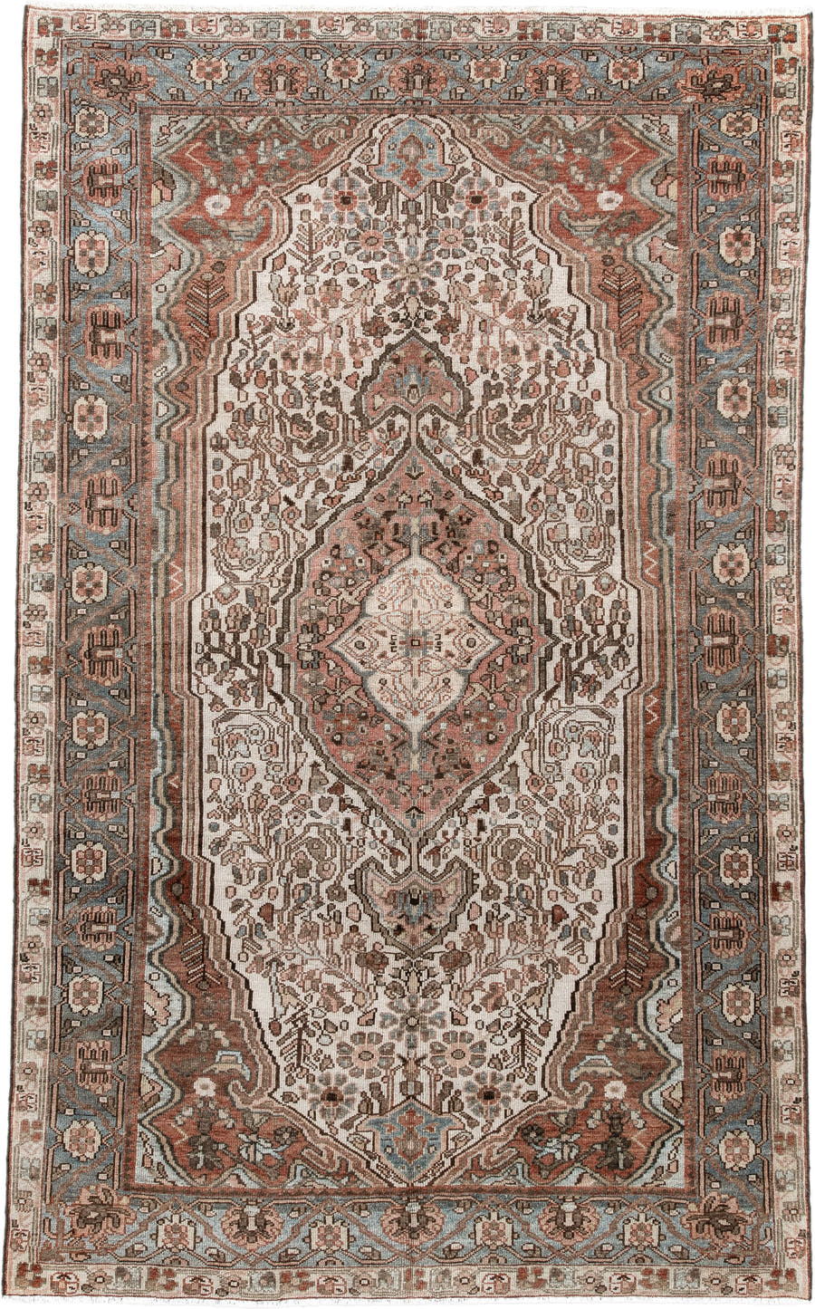 5' x 8' one-of-a-kind handmade antique Baktiary medium size rug. Color palette: ivory, dusty blue, rust, taupe, brown