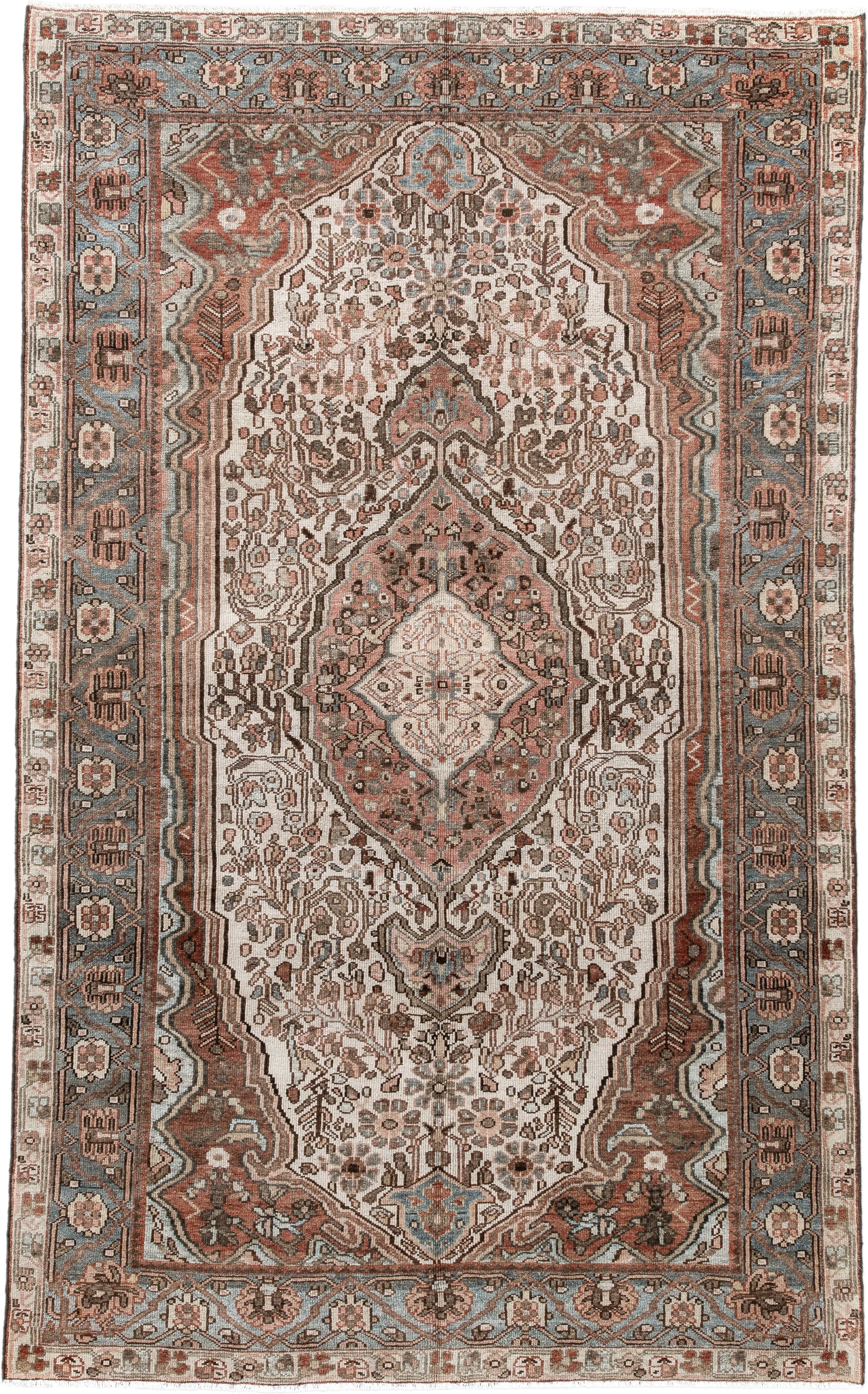 5' x 8' one-of-a-kind handmade antique Baktiary medium size rug. Color palette: ivory, dusty blue, rust, taupe, brown