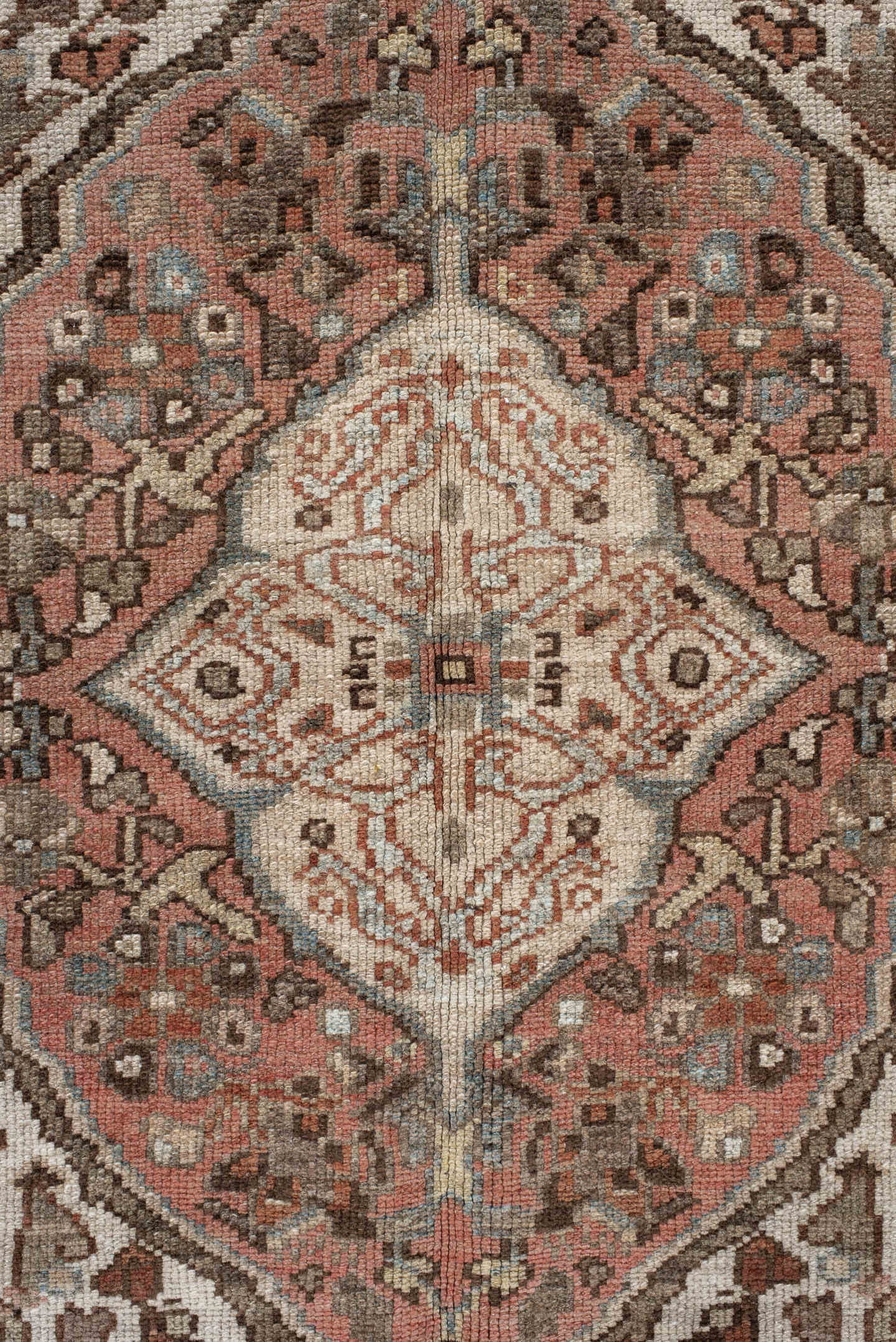 5' x 8' one-of-a-kind handmade antique Baktiary medium size rug. Color palette: ivory, dusty blue, rust, taupe, brown