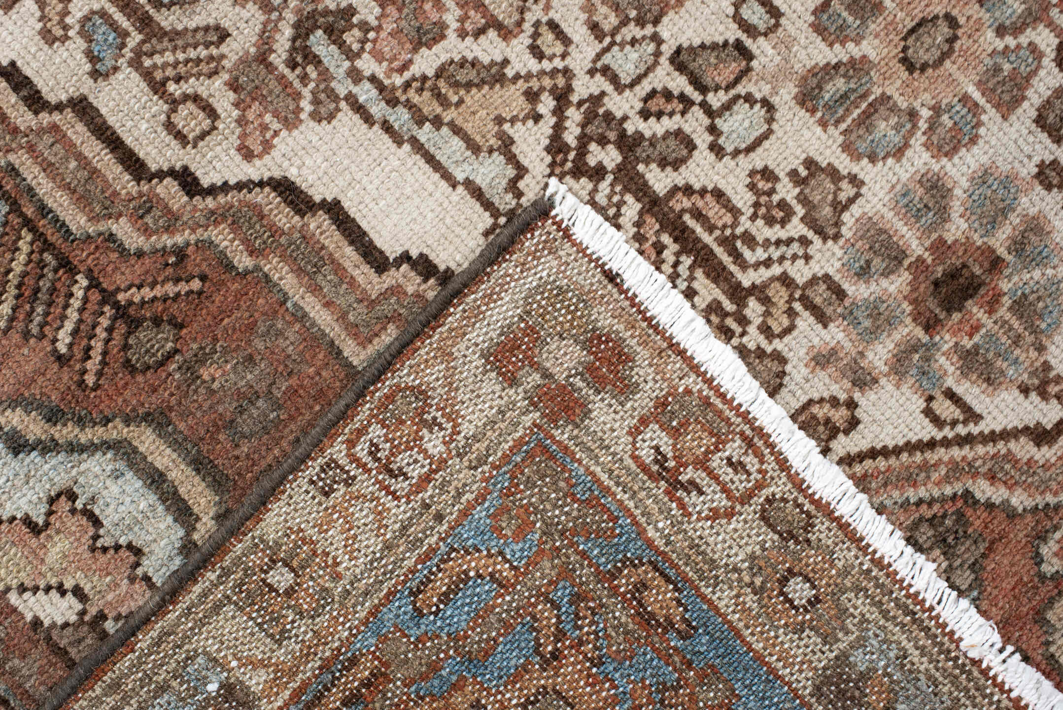 5' x 8' one-of-a-kind handmade antique Baktiary medium size rug. Color palette: ivory, dusty blue, rust, taupe, brown