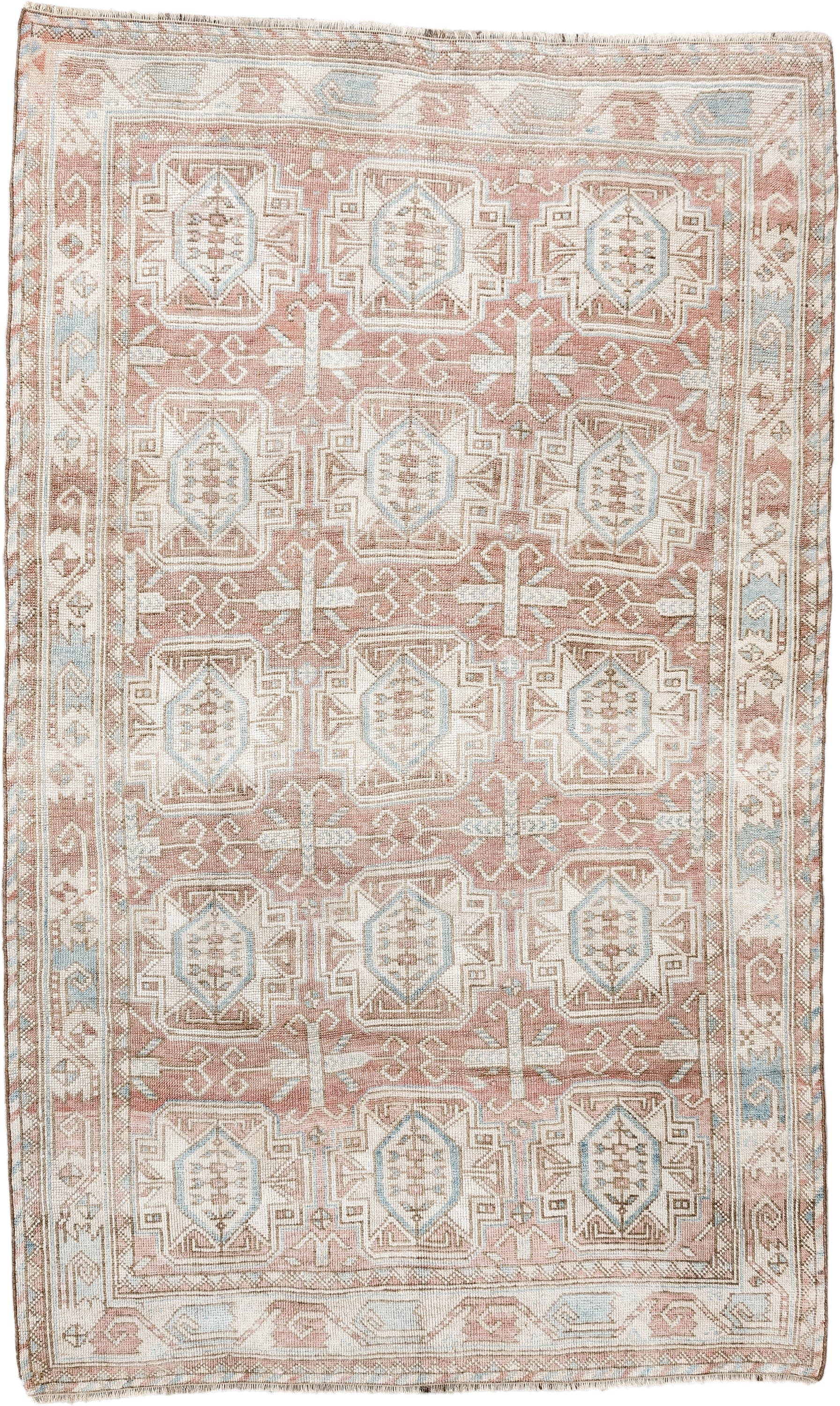 4' x 6' one-of-a-kind handmade vintage Kdh small size rug. Color palette: blush, ivory, pale blue, taupe, sand, pink