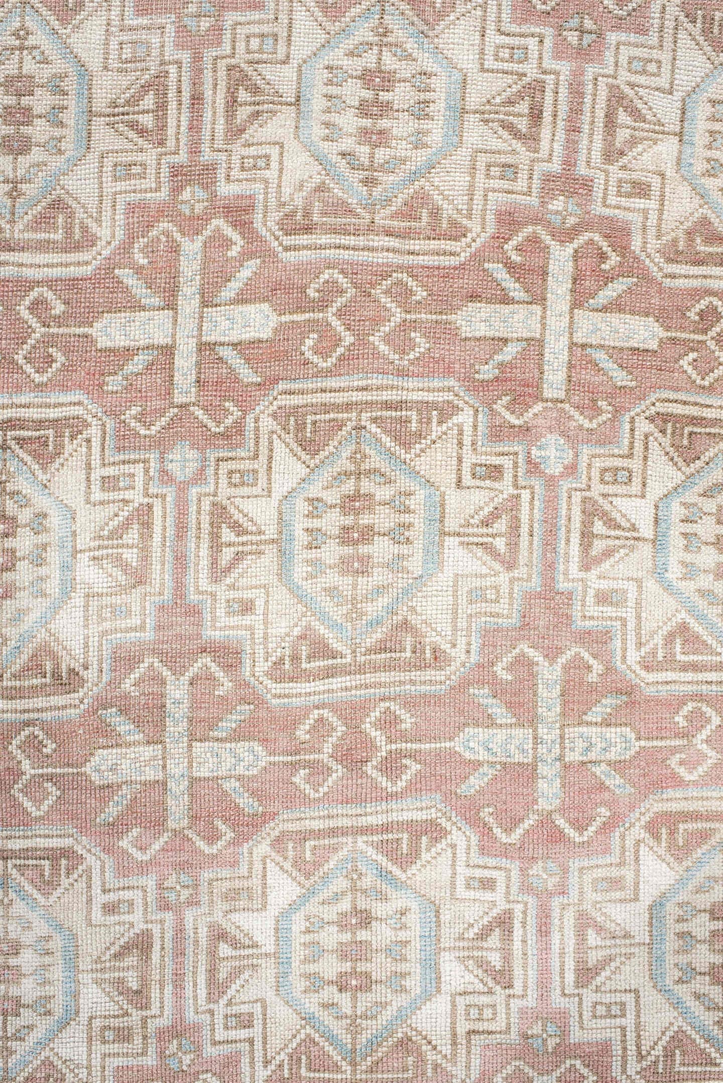 4' x 6' one-of-a-kind handmade vintage Kdh small size rug. Color palette: blush, ivory, pale blue, taupe, sand, pink