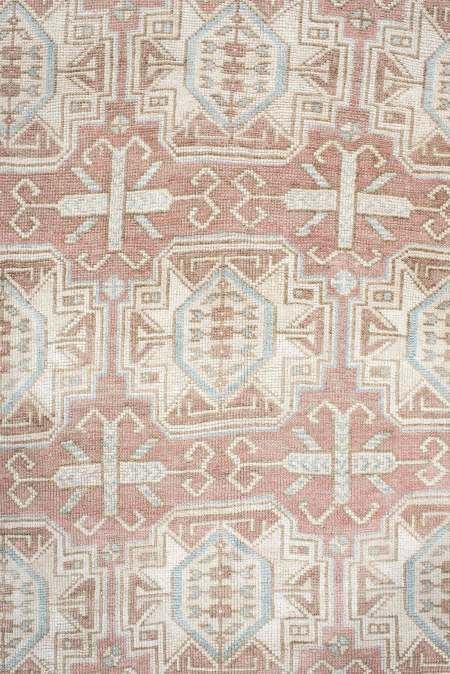 4' x 6' one-of-a-kind handmade vintage Kdh small size rug. Color palette: blush, ivory, pale blue, taupe, sand, pink