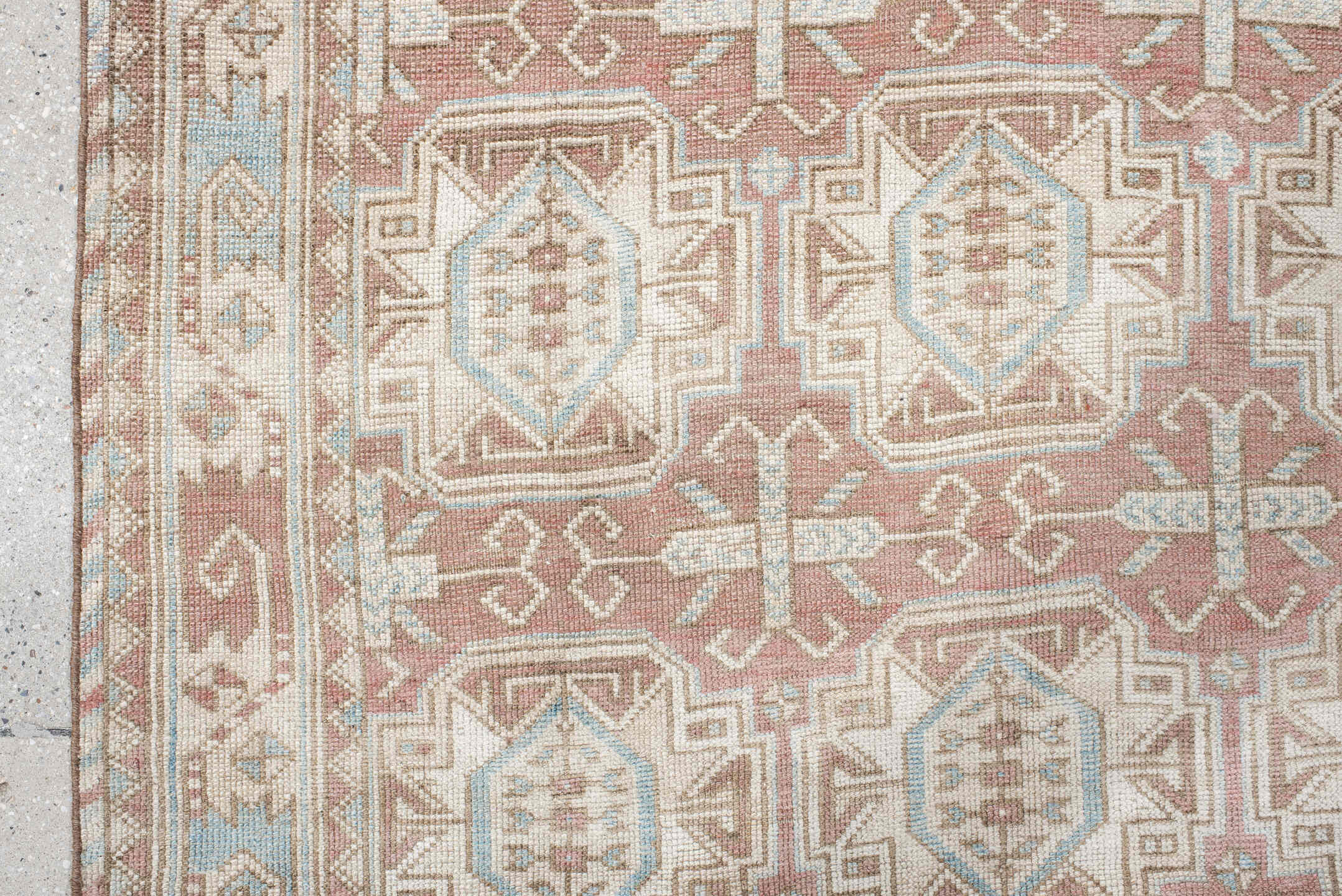 4' x 6' one-of-a-kind handmade vintage Kdh small size rug. Color palette: blush, ivory, pale blue, taupe, sand, pink