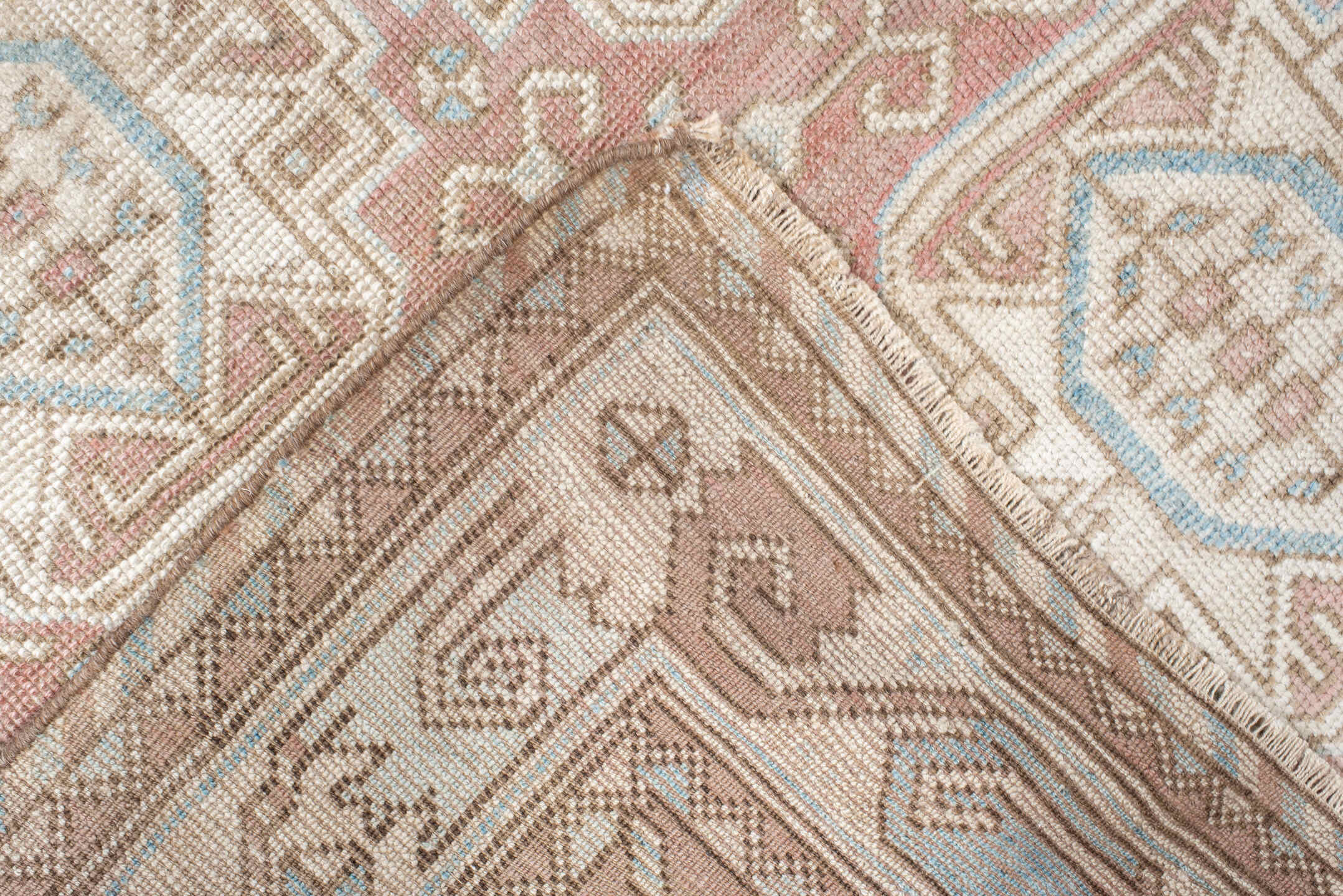 4' x 6' one-of-a-kind handmade vintage Kdh small size rug. Color palette: blush, ivory, pale blue, taupe, sand, pink