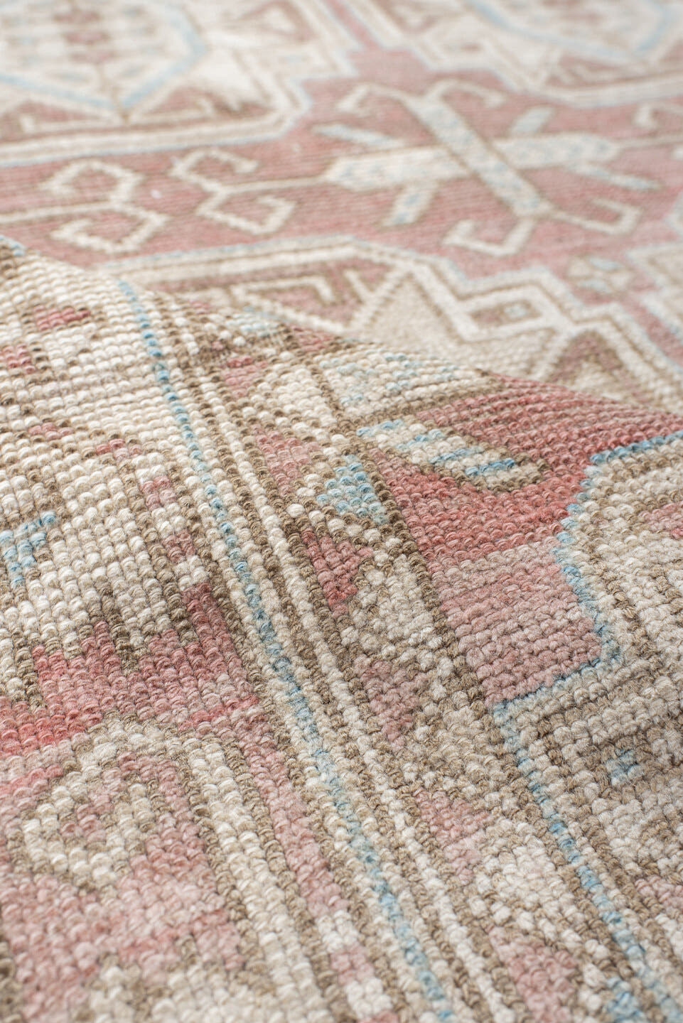 4' x 6' one-of-a-kind handmade vintage Kdh small size rug. Color palette: blush, ivory, pale blue, taupe, sand, pink