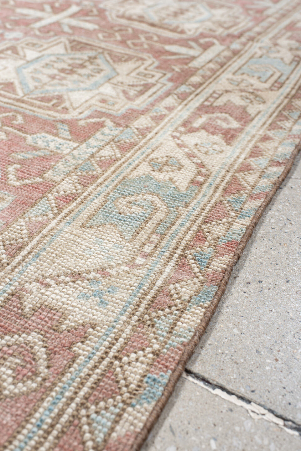 4' x 6' one-of-a-kind handmade vintage Kdh small size rug. Color palette: blush, ivory, pale blue, taupe, sand, pink