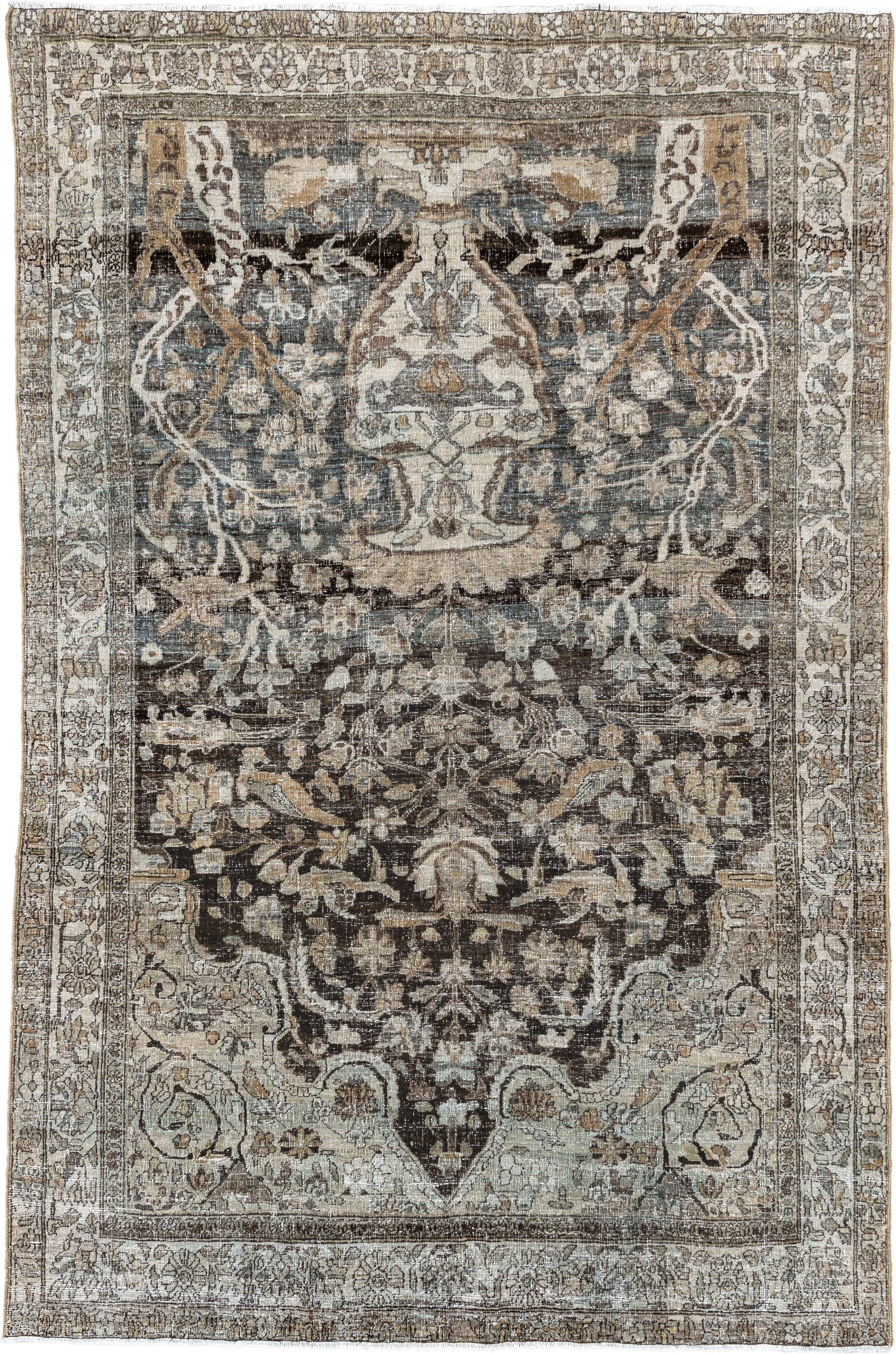 4' x 7' one-of-a-kind handmade vintage Baktiary rug. Color palette: ivory, charcoal, taupe, slate, camel, brown, beige, gray