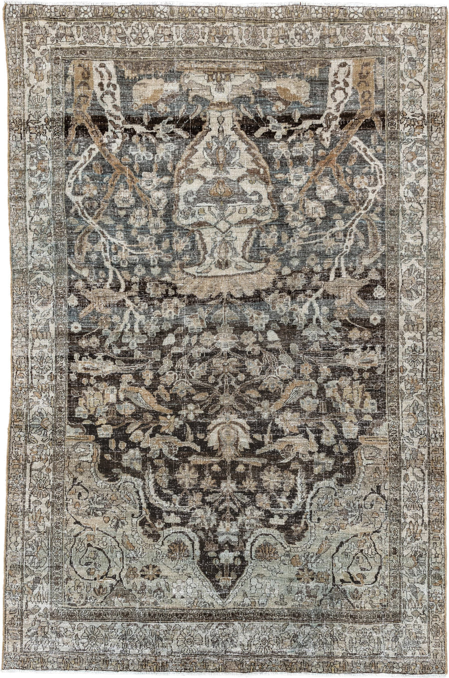 4' x 7' one-of-a-kind handmade vintage Baktiary rug. Color palette: ivory, charcoal, taupe, slate, camel, brown, beige, gray