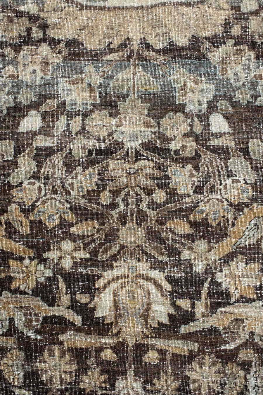 4' x 7' one-of-a-kind handmade vintage Baktiary rug. Color palette: ivory, charcoal, taupe, slate, camel, brown, beige, gray