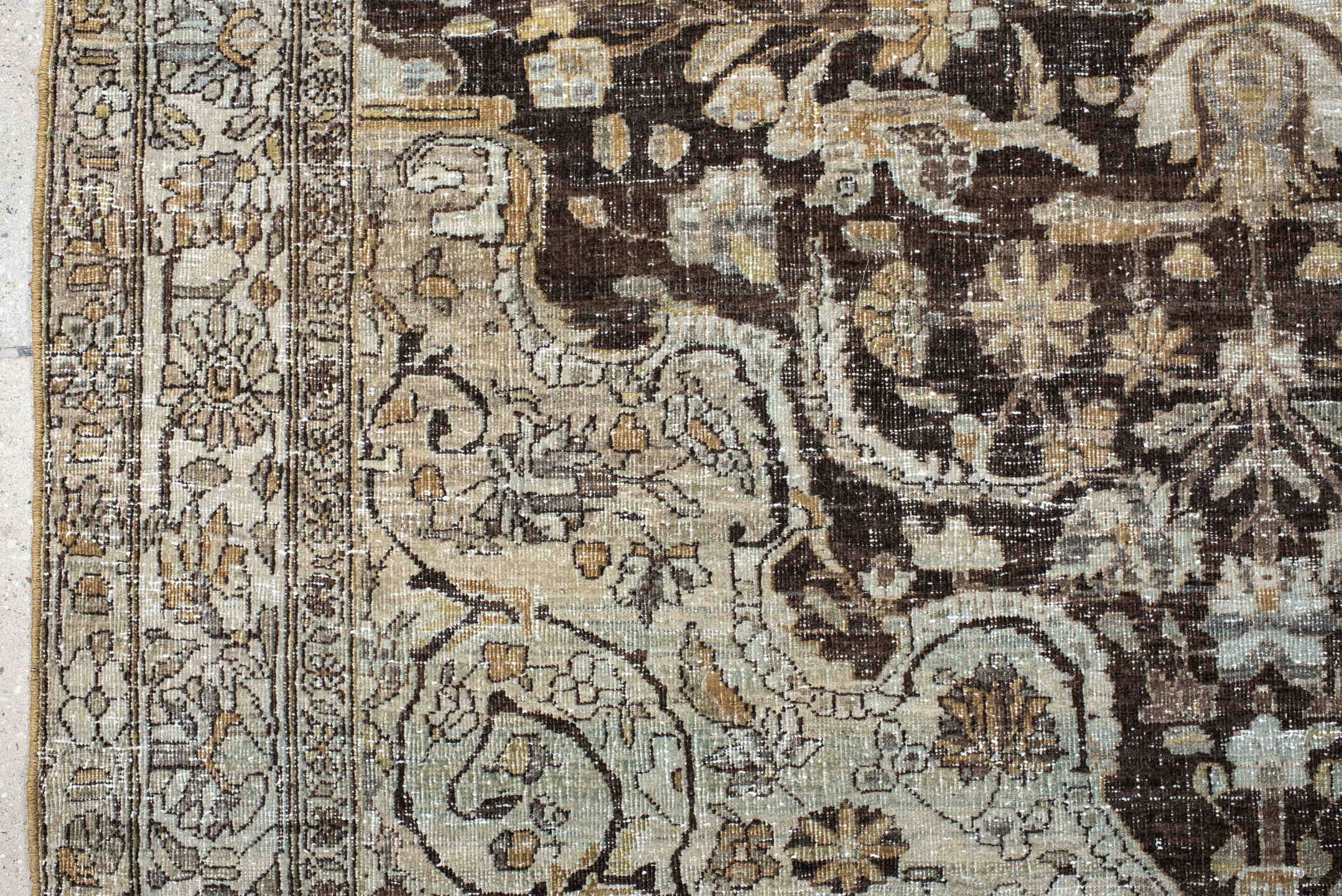 4' x 7' one-of-a-kind handmade vintage Baktiary rug. Color palette: ivory, charcoal, taupe, slate, camel, brown, beige, gray