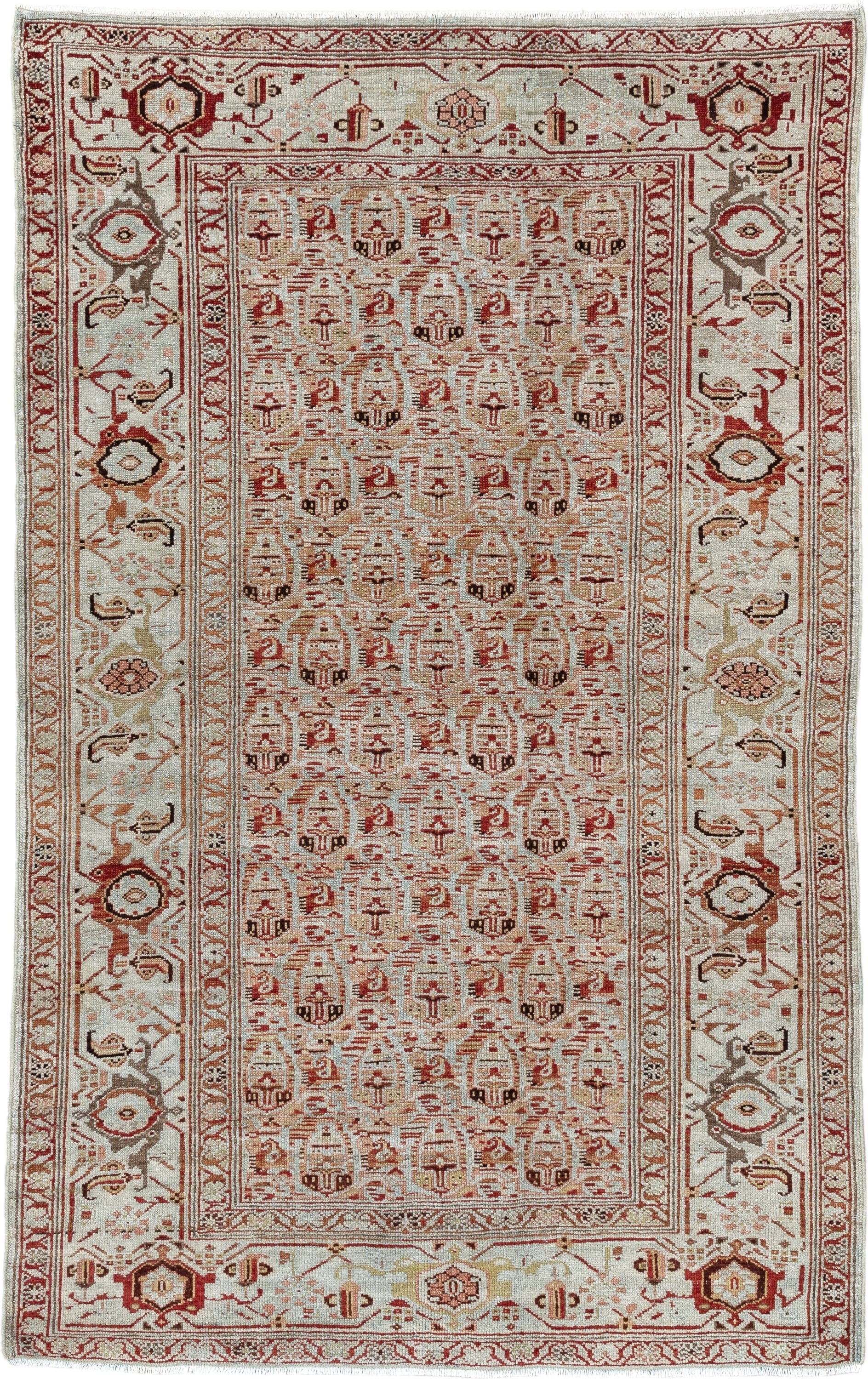 4' x 6' one-of-a-kind handmade vintage Malayer rug. Color palette: ivory, rust, taupe, rose, camel, brown, terracotta, beige