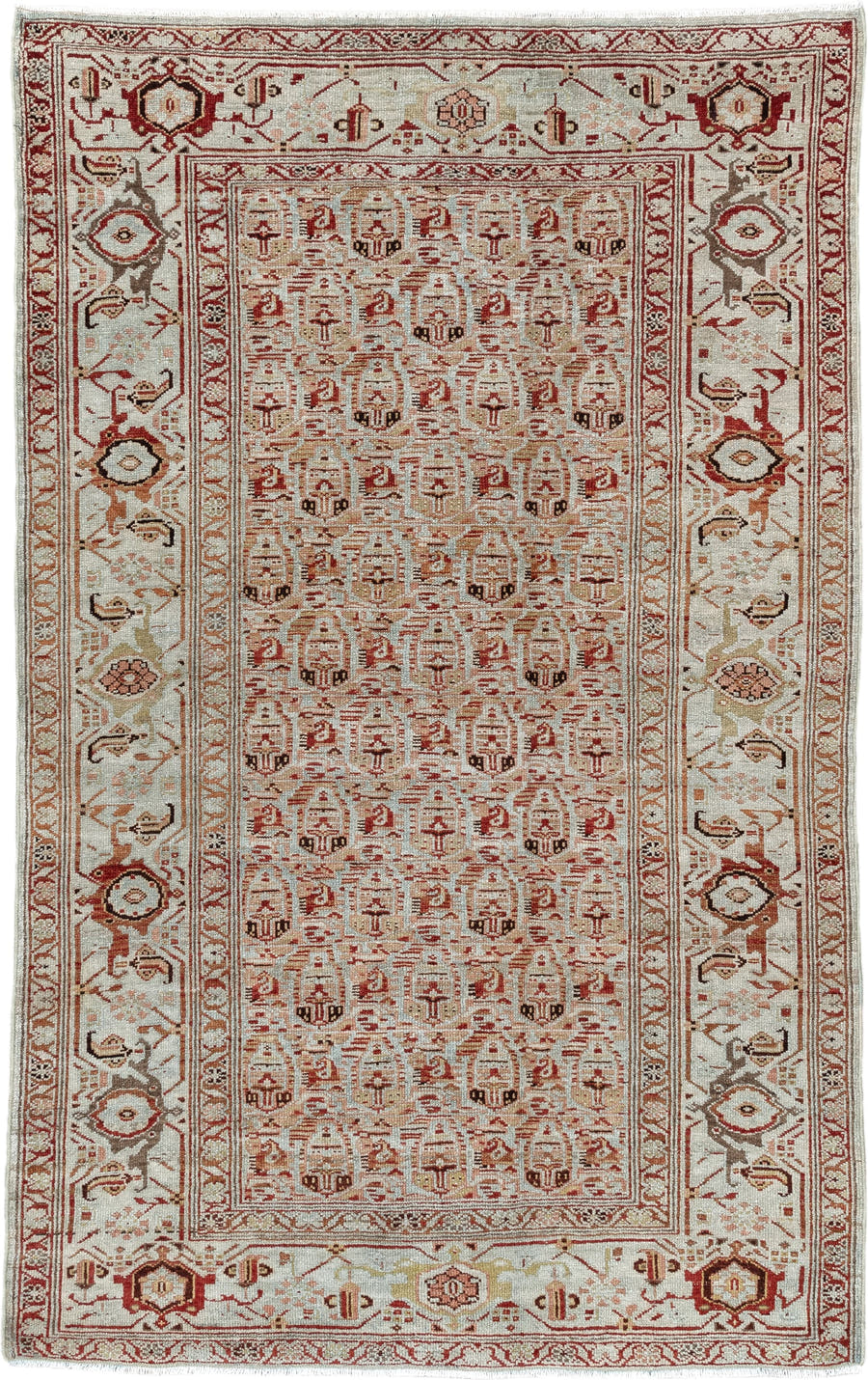 4' x 6' one-of-a-kind handmade vintage Malayer rug. Color palette: ivory, rust, taupe, rose, camel, brown, terracotta, beige