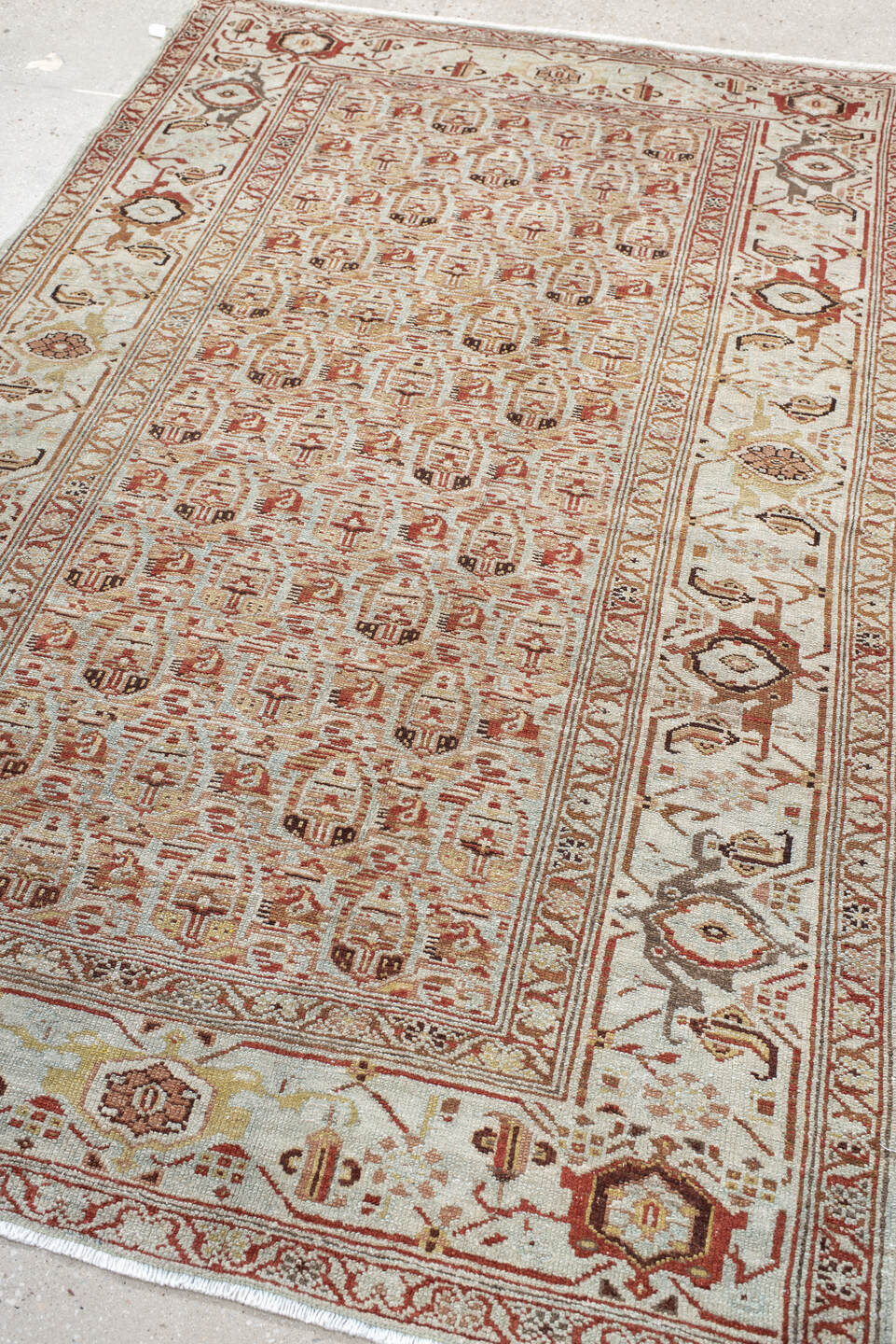 4' x 6' one-of-a-kind handmade vintage Malayer rug. Color palette: ivory, rust, taupe, rose, camel, brown, terracotta, beige