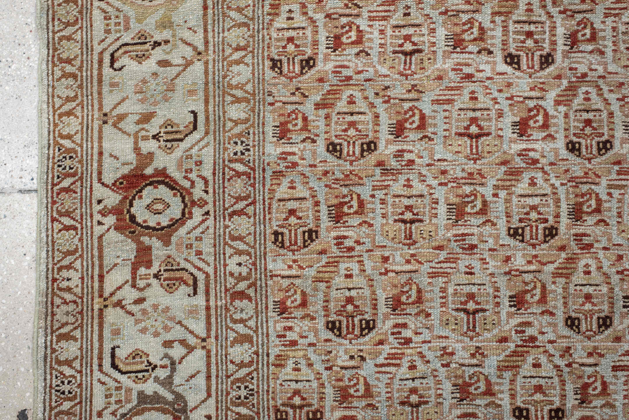4' x 6' one-of-a-kind handmade vintage Malayer rug. Color palette: ivory, rust, taupe, rose, camel, brown, terracotta, beige
