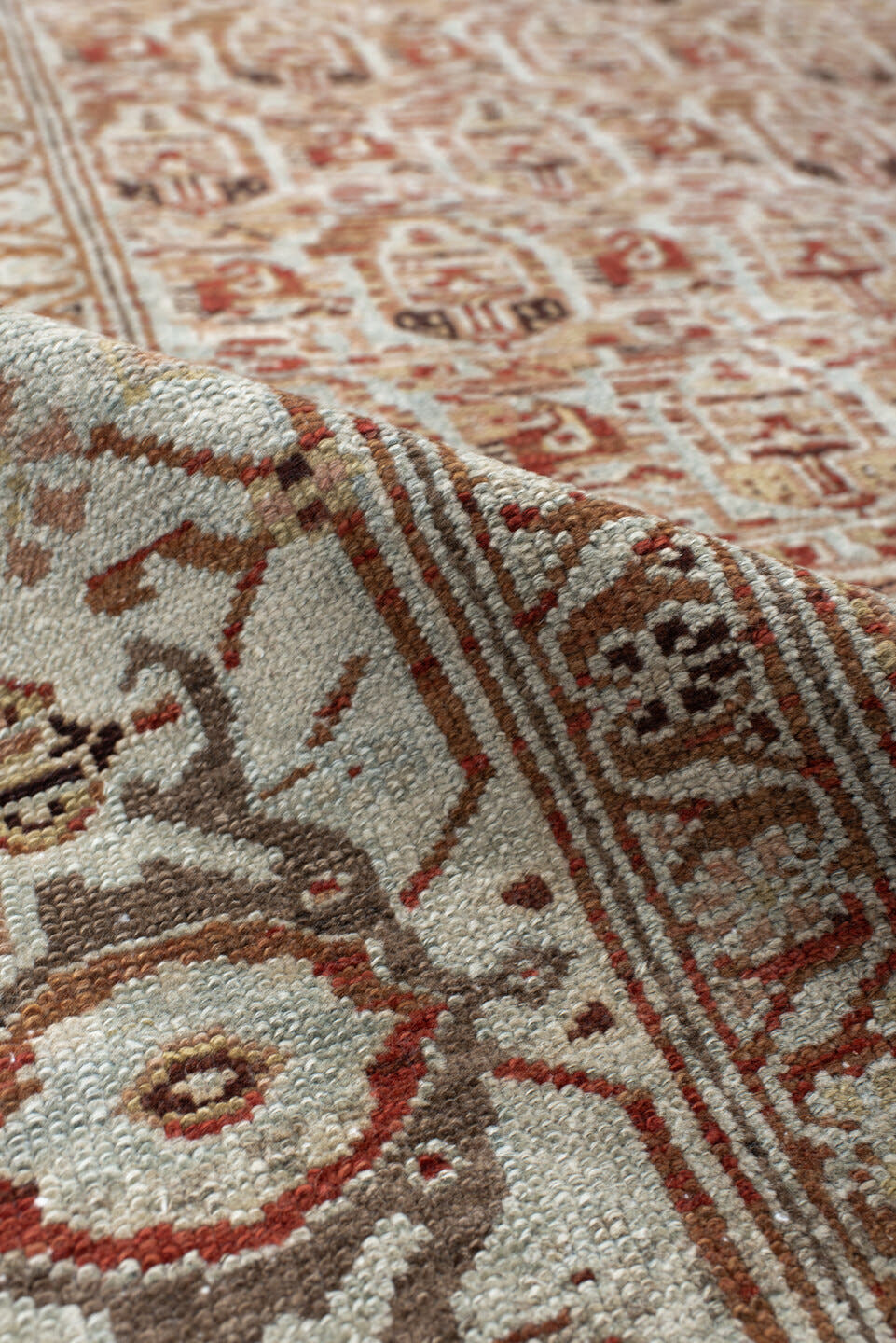4' x 6' one-of-a-kind handmade vintage Malayer rug. Color palette: ivory, rust, taupe, rose, camel, brown, terracotta, beige