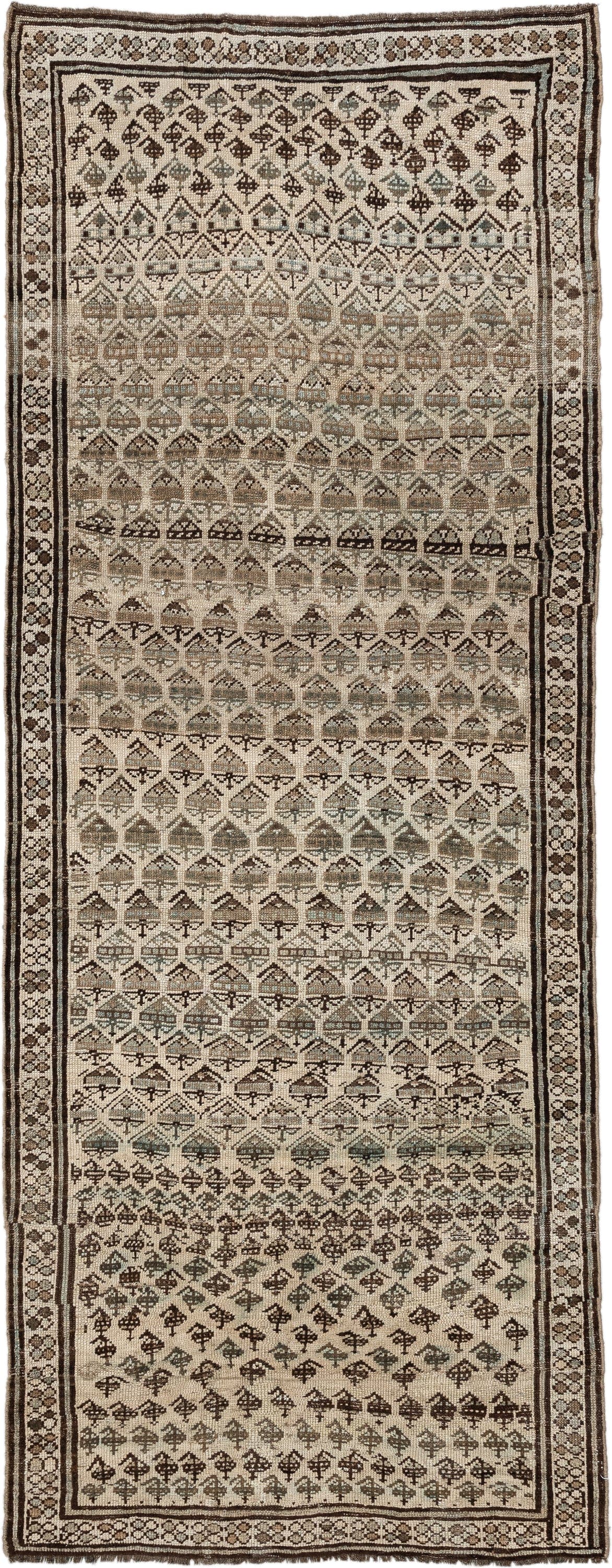 3' x 8' one-of-a-kind handmade antique NW Persian runner rug. Color palette: ivory, brown, taupe, camel, sage, charcoal