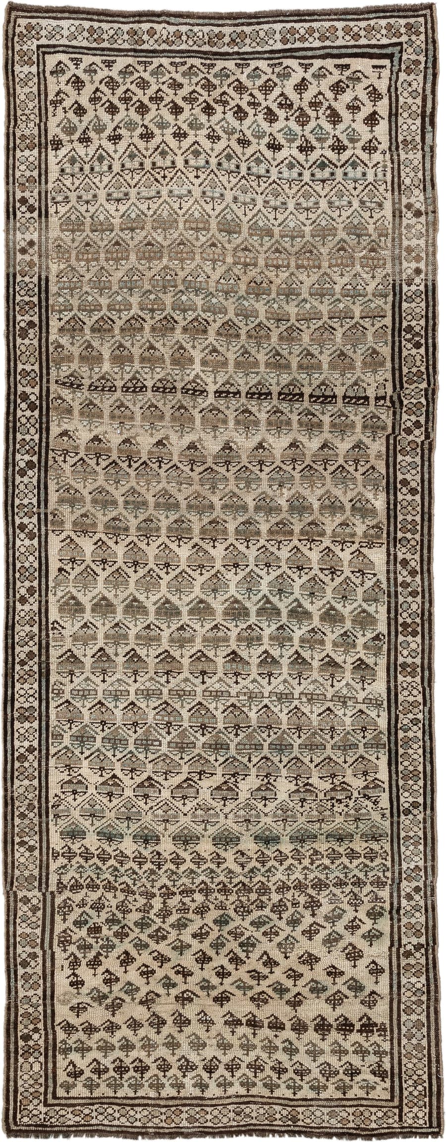 3' x 8' one-of-a-kind handmade antique NW Persian runner rug. Color palette: ivory, brown, taupe, camel, sage, charcoal