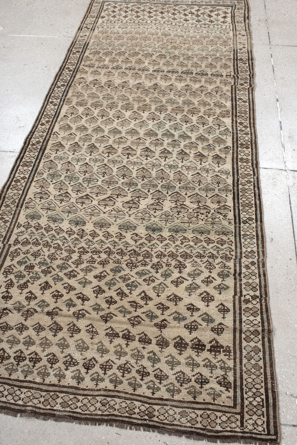 3' x 8' one-of-a-kind handmade antique NW Persian runner rug. Color palette: ivory, brown, taupe, camel, sage, charcoal