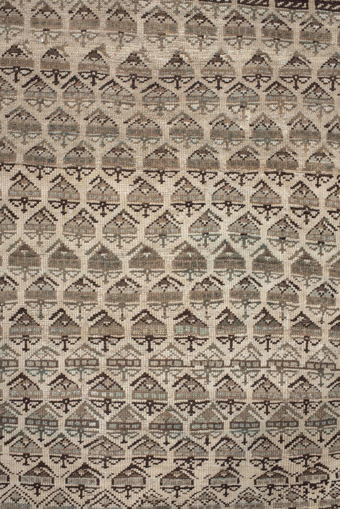 3' x 8' one-of-a-kind handmade antique NW Persian runner rug. Color palette: ivory, brown, taupe, camel, sage, charcoal