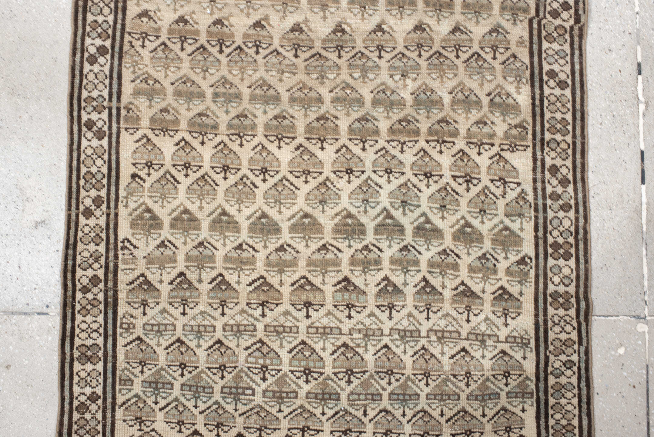 3' x 8' one-of-a-kind handmade antique NW Persian runner rug. Color palette: ivory, brown, taupe, camel, sage, charcoal