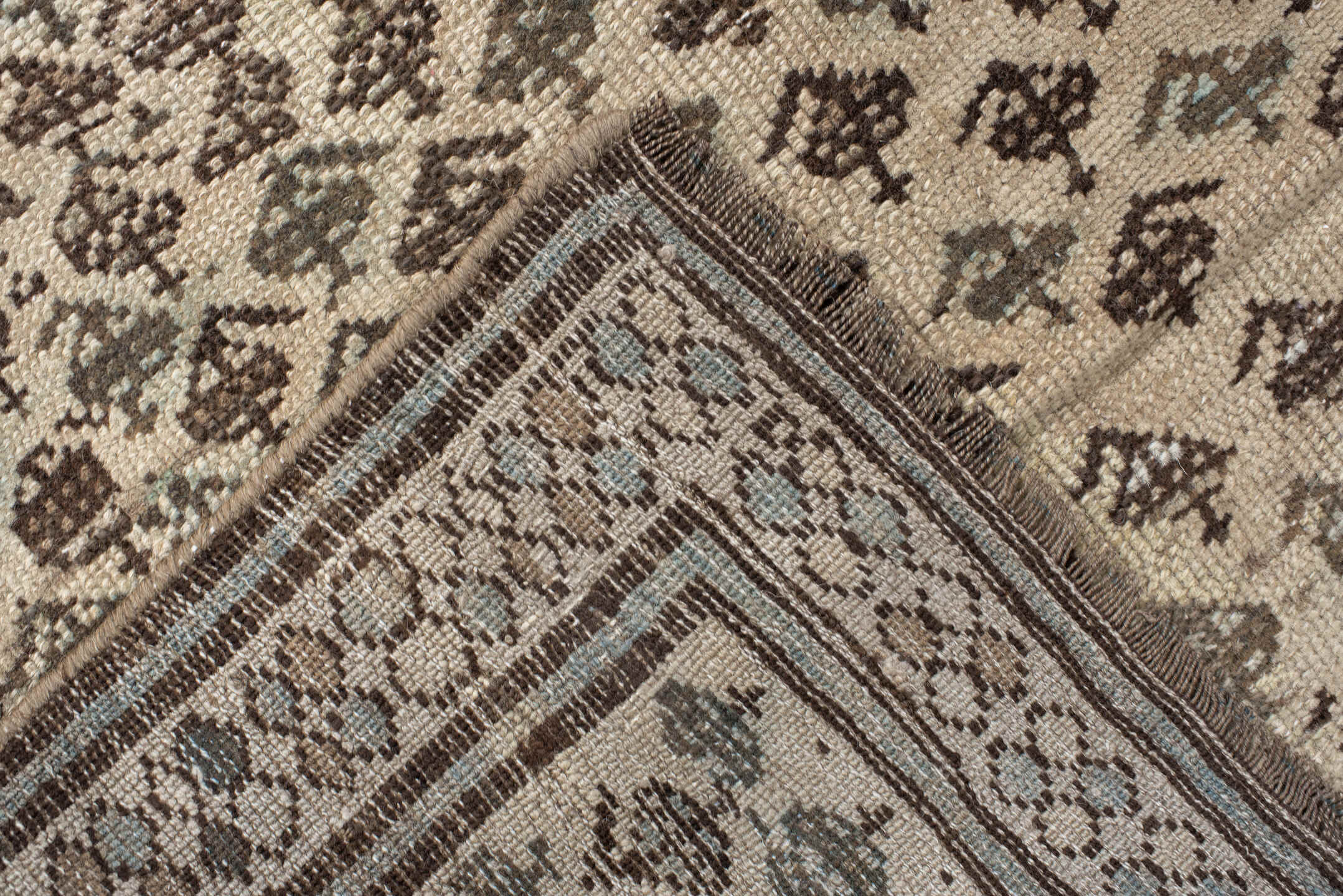 3' x 8' one-of-a-kind handmade antique NW Persian runner rug. Color palette: ivory, brown, taupe, camel, sage, charcoal