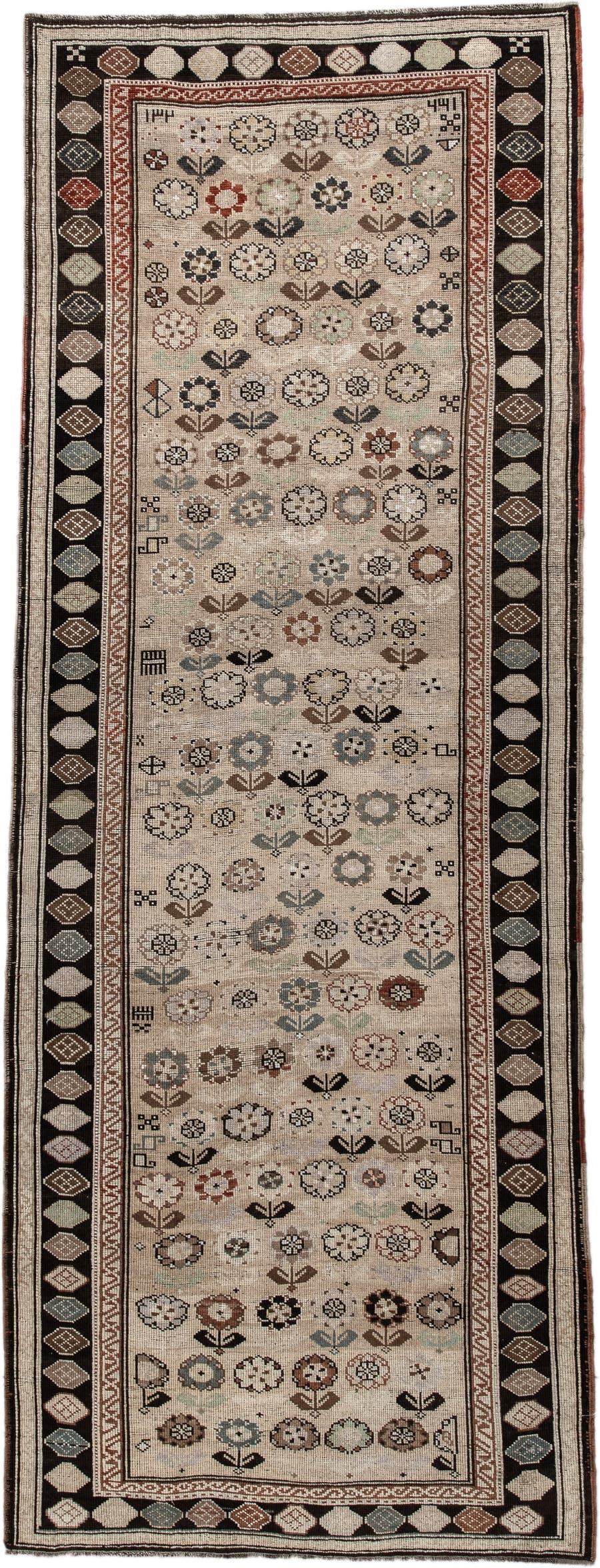 3' x 9' one-of-a-kind handmade antique Karabagh runner rug. Color palette: ivory, charcoal, taupe, rust, slate, camel, brown