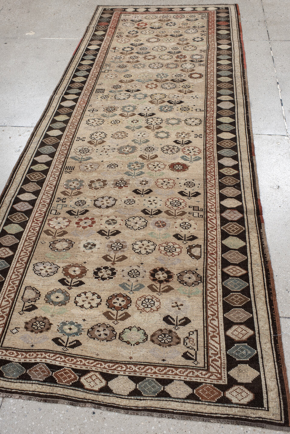 3' x 9' one-of-a-kind handmade antique Karabagh runner rug. Color palette: ivory, charcoal, taupe, rust, slate, camel, brown