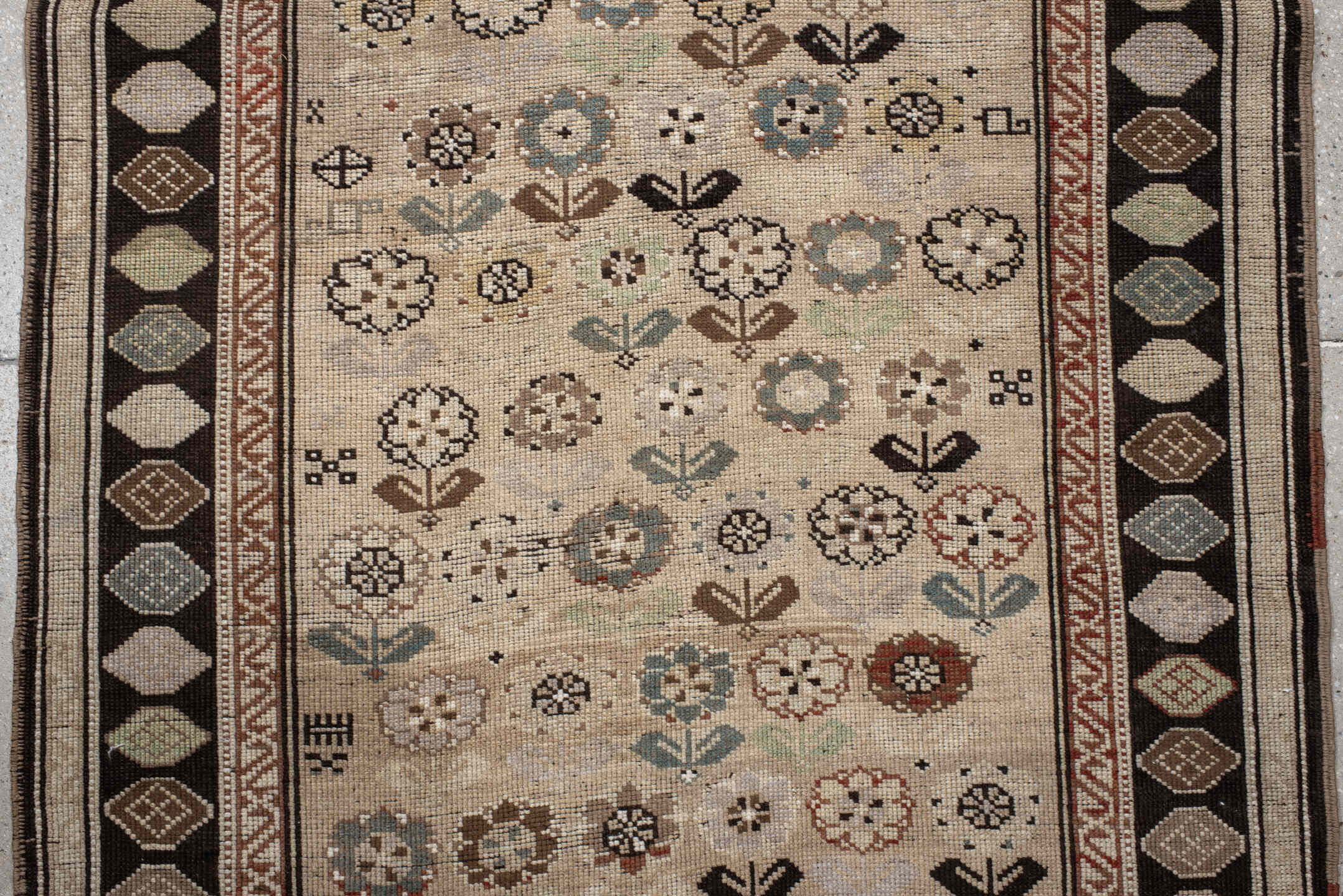 3' x 9' one-of-a-kind handmade antique Karabagh runner rug. Color palette: ivory, charcoal, taupe, rust, slate, camel, brown