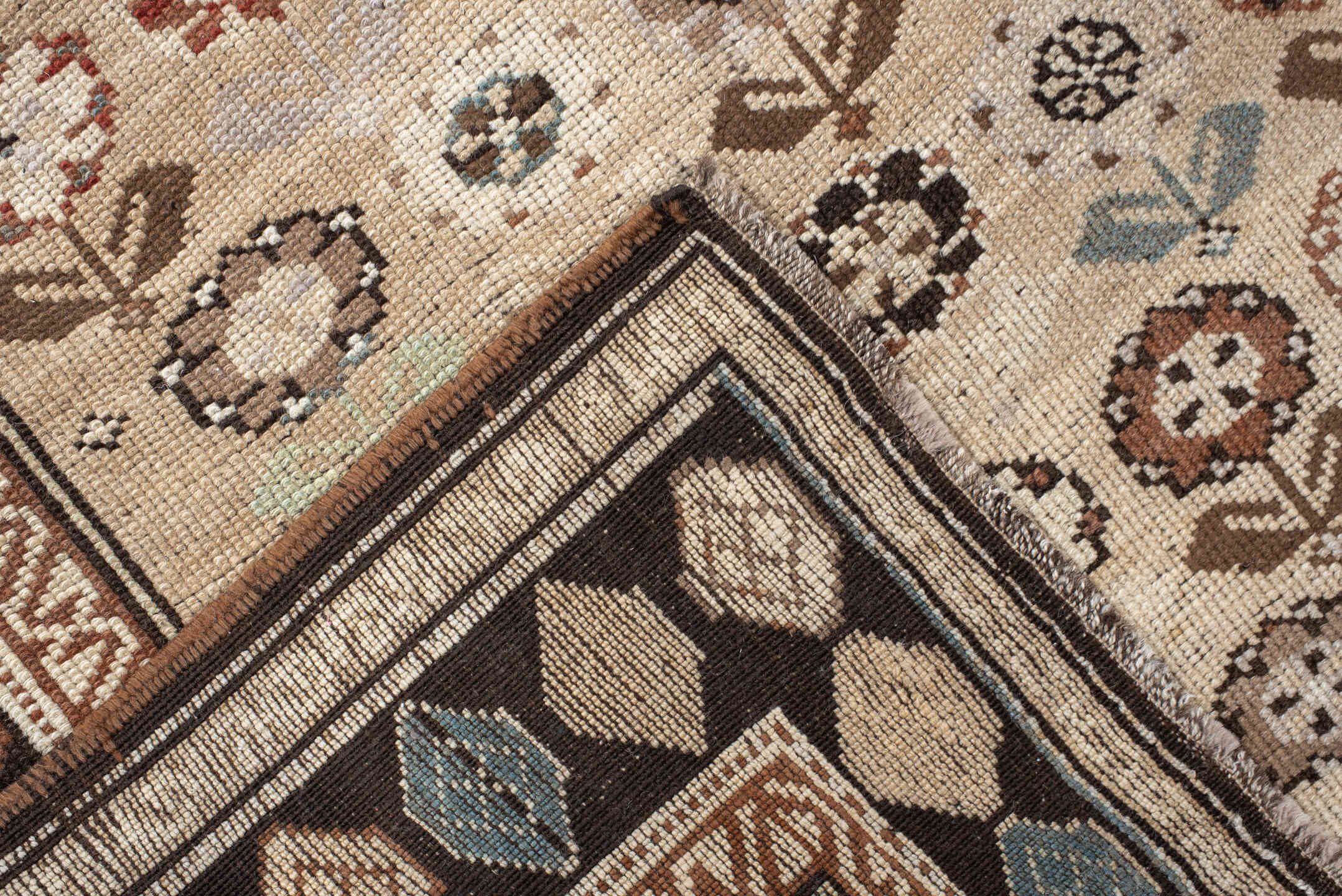 3' x 9' one-of-a-kind handmade antique Karabagh runner rug. Color palette: ivory, charcoal, taupe, rust, slate, camel, brown