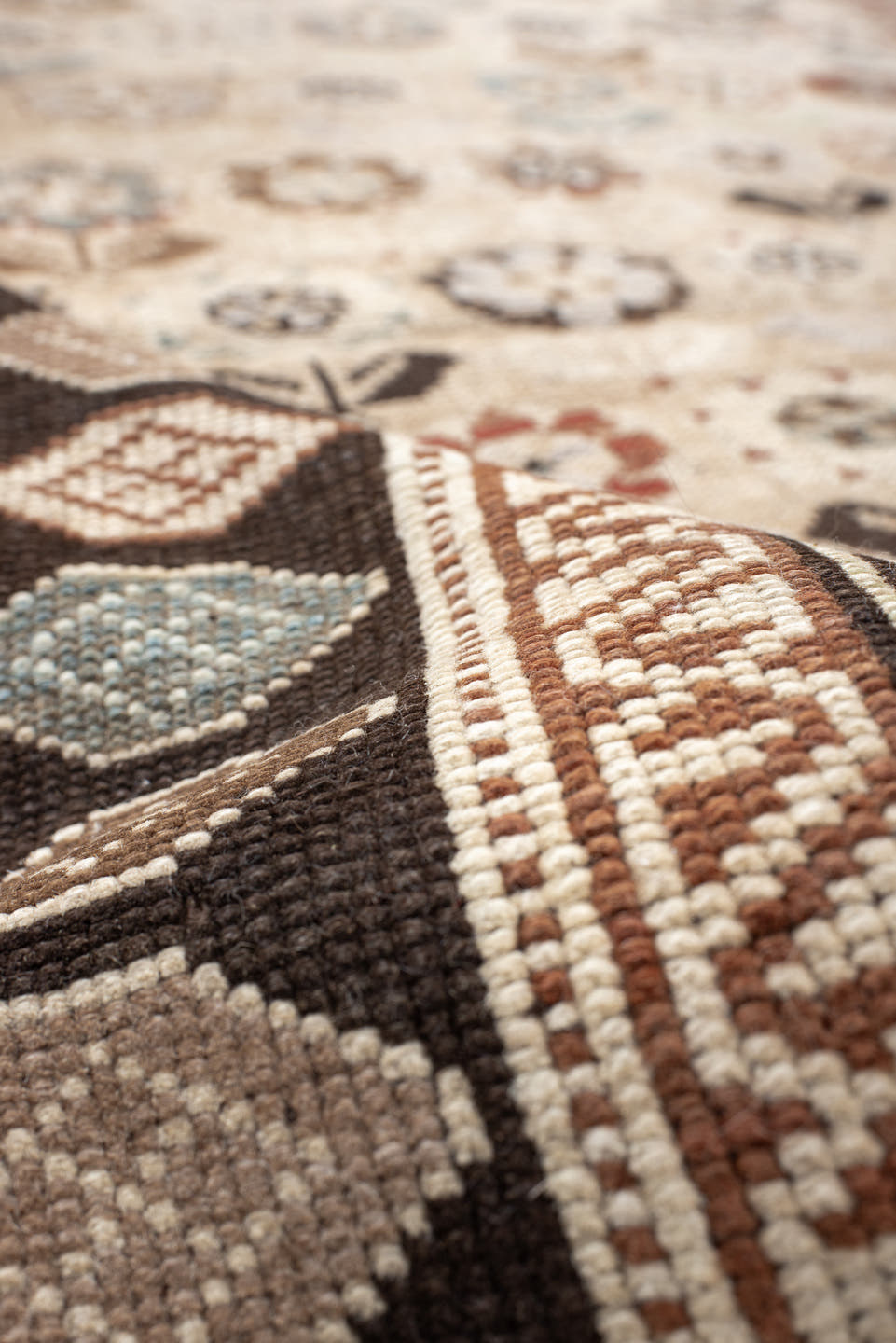 3' x 9' one-of-a-kind handmade antique Karabagh runner rug. Color palette: ivory, charcoal, taupe, rust, slate, camel, brown