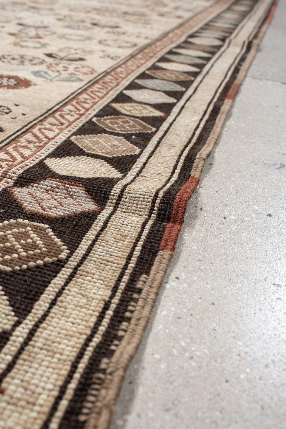 3' x 9' one-of-a-kind handmade antique Karabagh runner rug. Color palette: ivory, charcoal, taupe, rust, slate, camel, brown