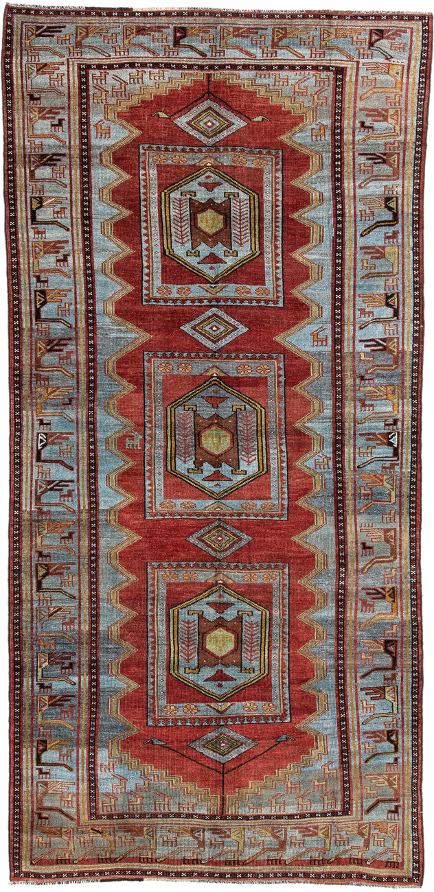 5' x 10' one-of-a-kind handmade antique NW Persian medium size rug. Color palette: rust, ivory, sky blue, camel, charcoal