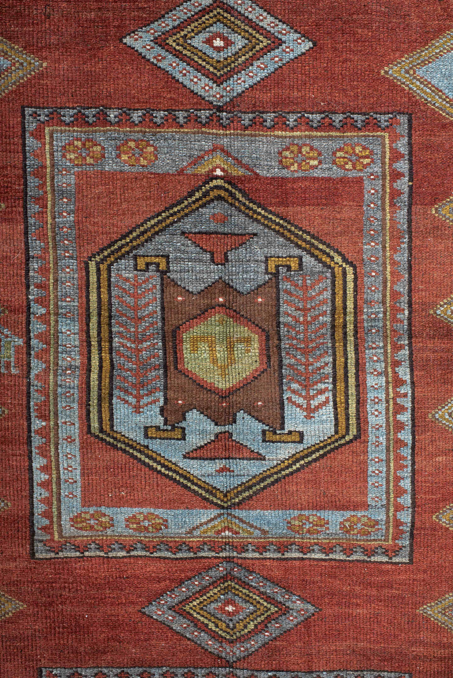 5' x 10' one-of-a-kind handmade antique NW Persian medium size rug. Color palette: rust, ivory, sky blue, camel, charcoal