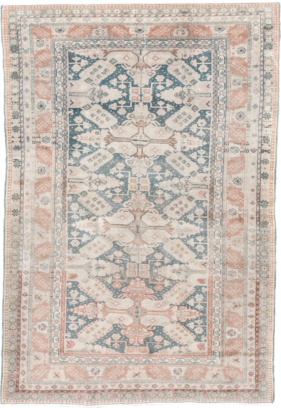 3' x 5' one-of-a-kind handmade vintage Sivas small size rug. Color palette: ivory, blush, muted teal, peach, sage, taupe