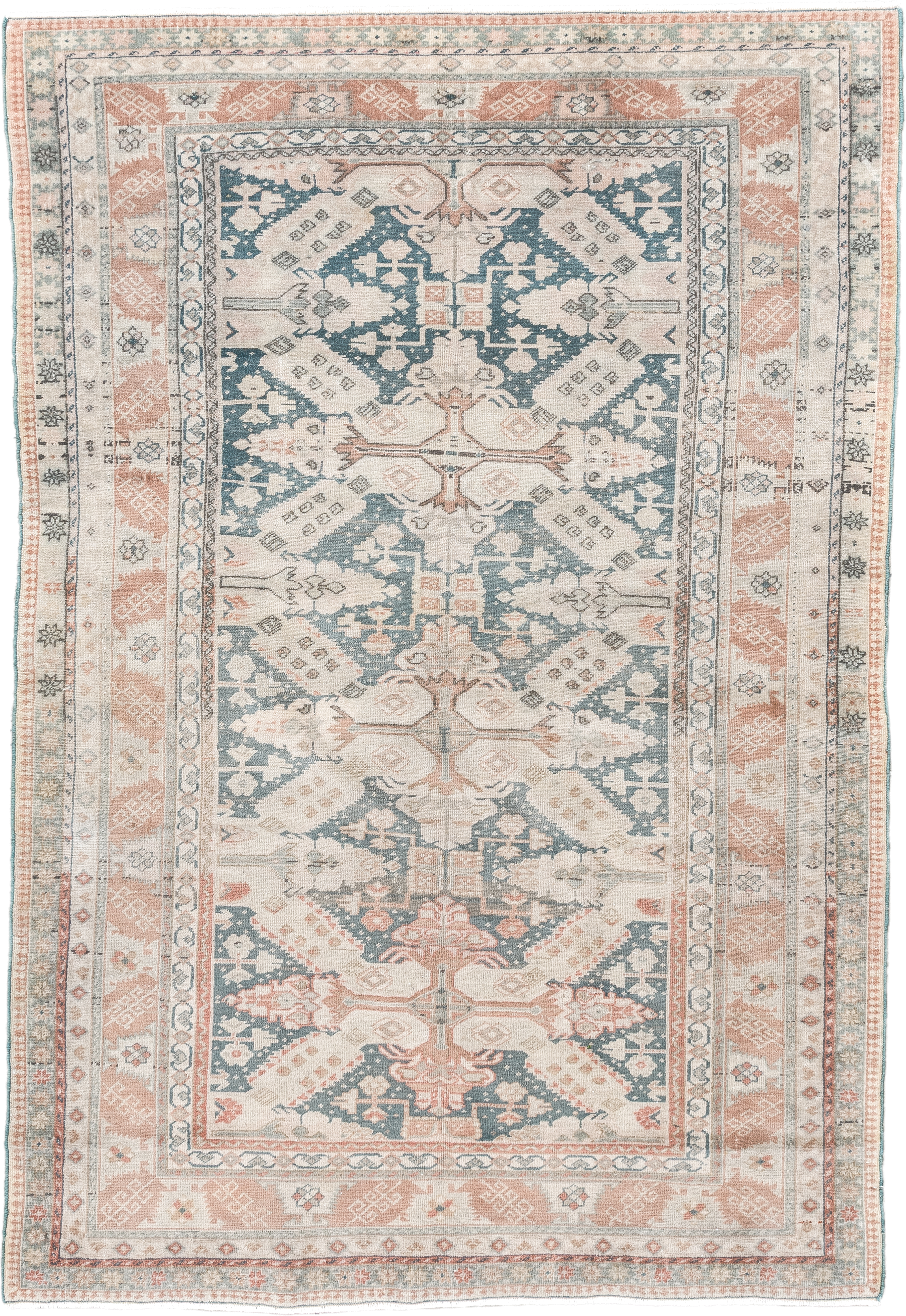 3' x 5' one-of-a-kind handmade vintage Sivas small size rug. Color palette: ivory, blush, muted teal, peach, sage, taupe