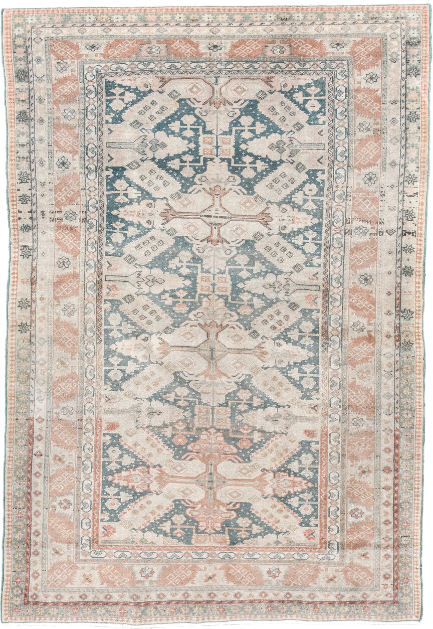 3' x 5' one-of-a-kind handmade vintage Sivas small size rug. Color palette: ivory, blush, muted teal, peach, sage, taupe