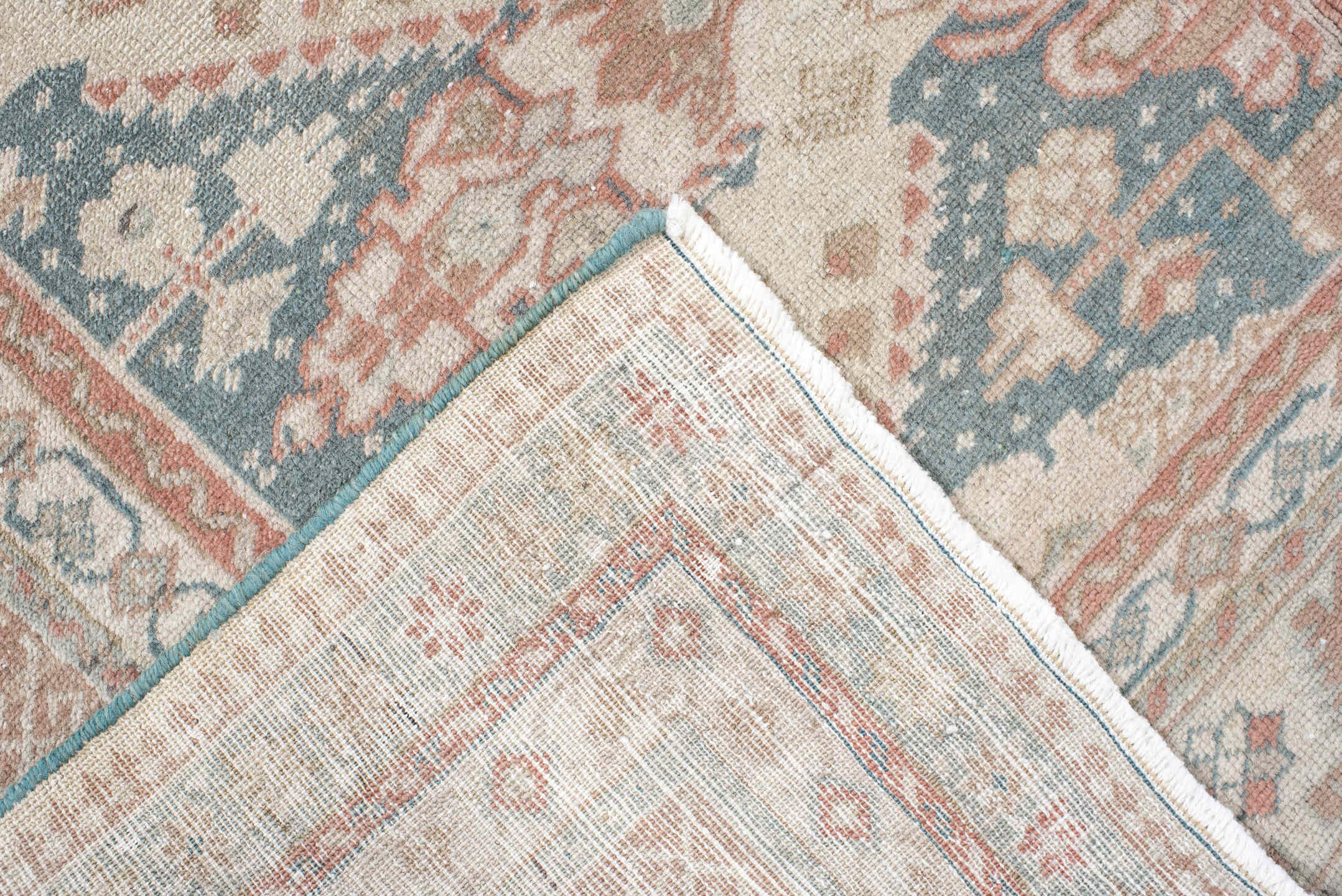3' x 5' one-of-a-kind handmade vintage Sivas small size rug. Color palette: ivory, blush, muted teal, peach, sage, taupe