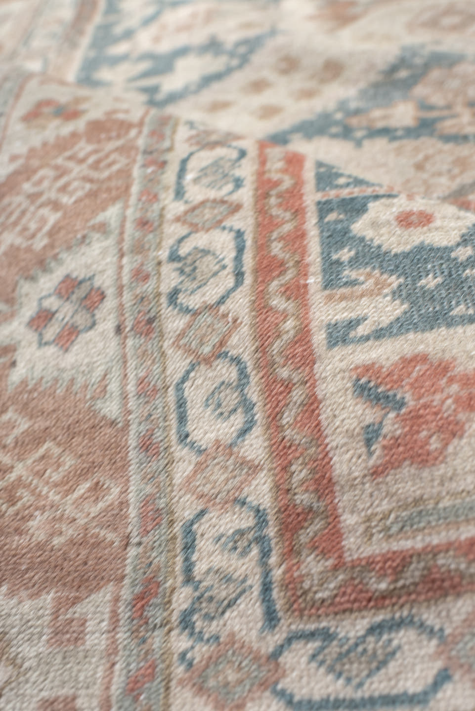 3' x 5' one-of-a-kind handmade vintage Sivas small size rug. Color palette: ivory, blush, muted teal, peach, sage, taupe