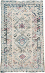 3' x 6' one-of-a-kind handmade vintage Gabbe small size rug. Color palette: ivory, sky blue, charcoal, blush, camel, taupe