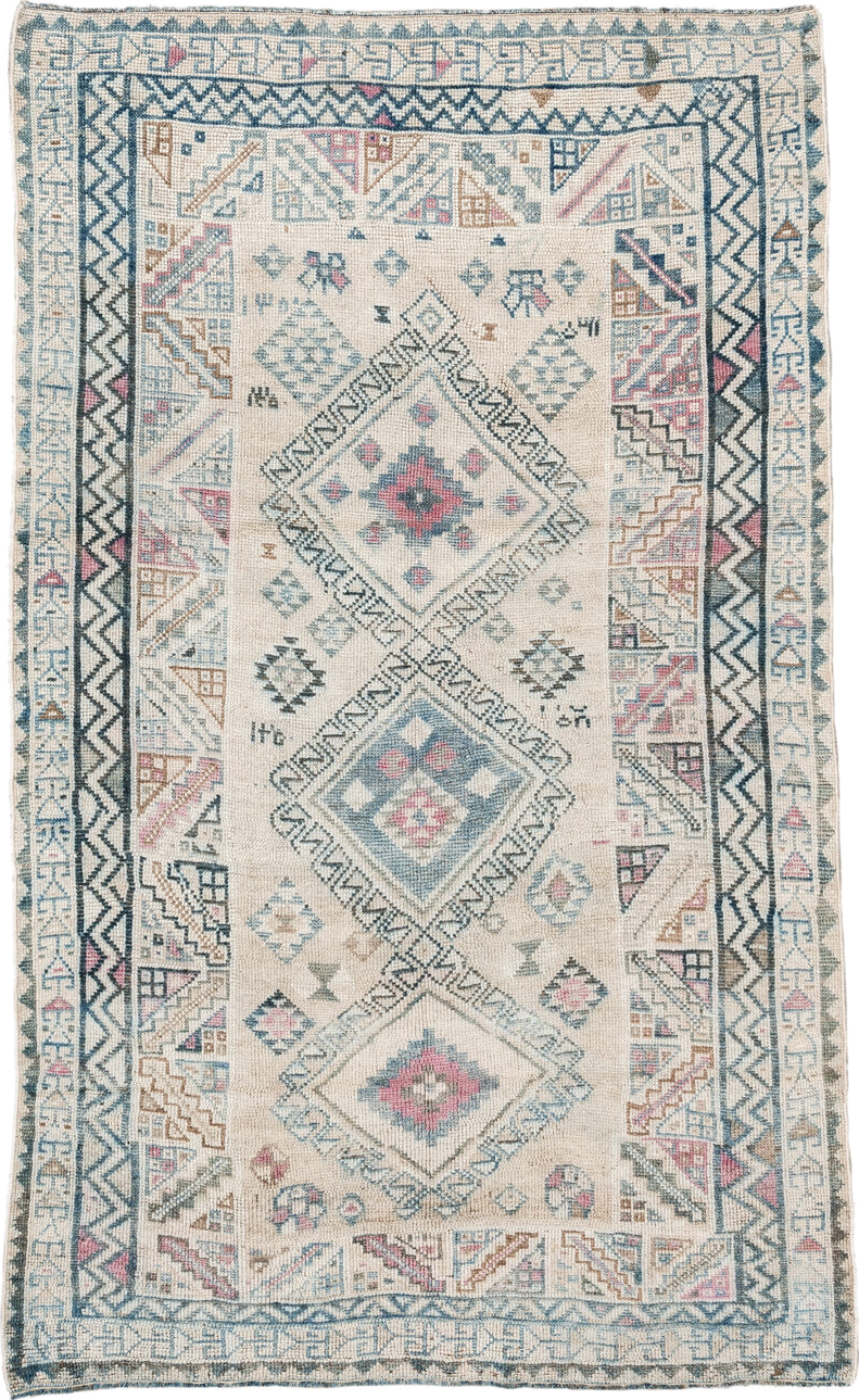3' x 6' one-of-a-kind handmade vintage Gabbe small size rug. Color palette: ivory, sky blue, charcoal, blush, camel, taupe