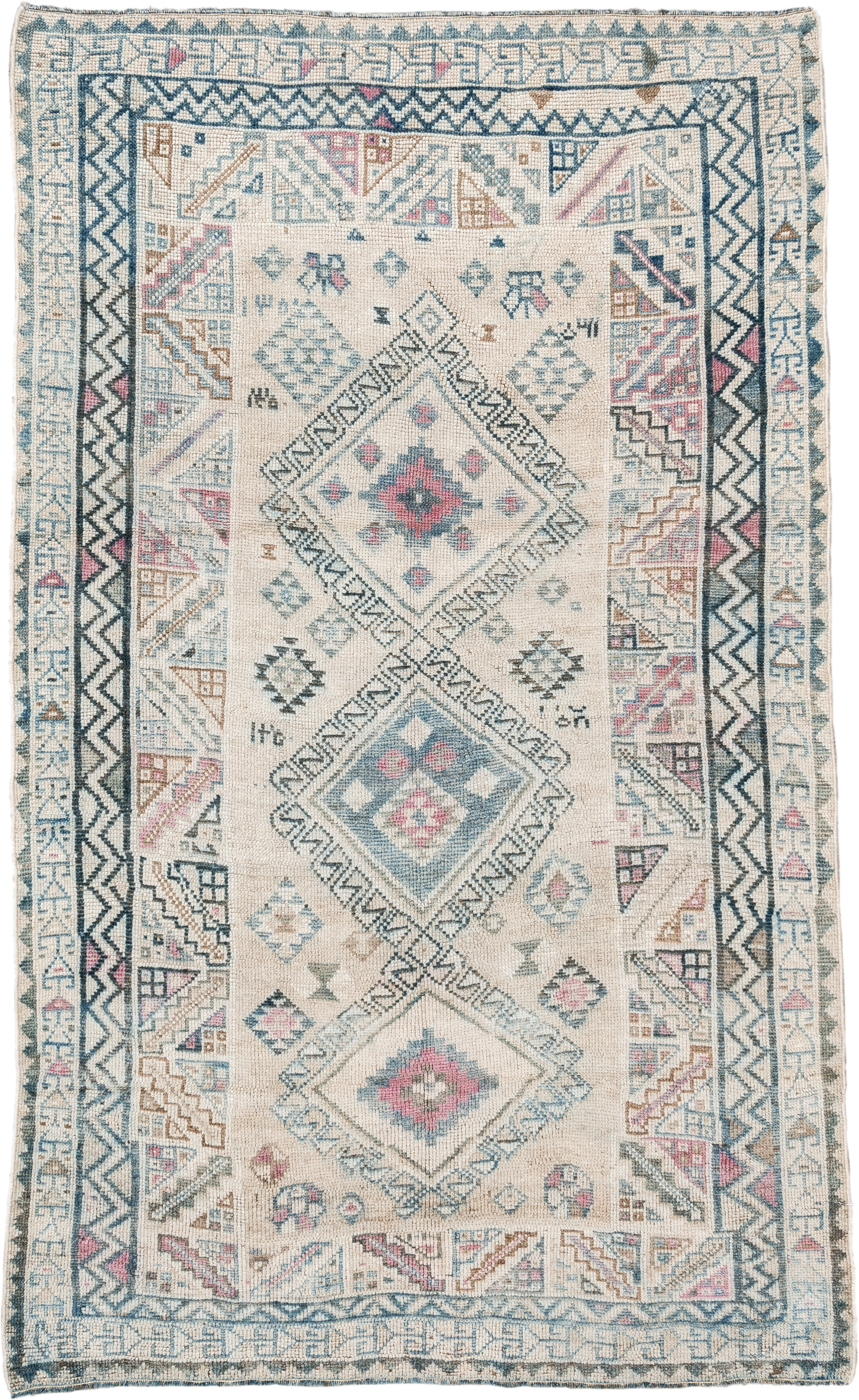 3' x 6' one-of-a-kind handmade vintage Gabbe small size rug. Color palette: ivory, sky blue, charcoal, blush, camel, taupe