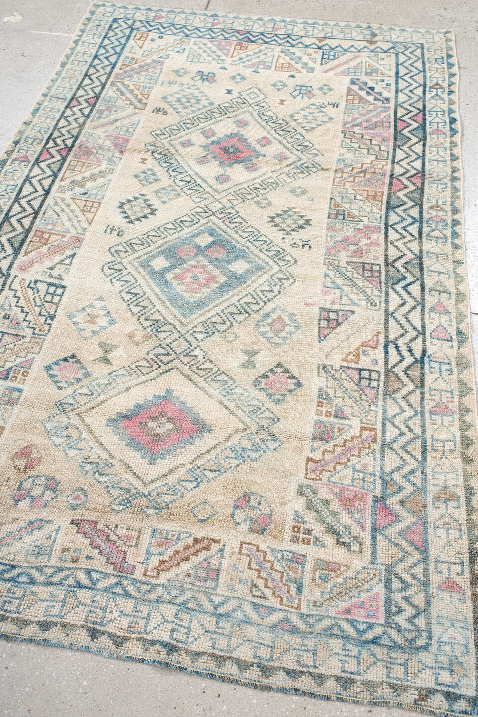 3' x 6' one-of-a-kind handmade vintage Gabbe small size rug. Color palette: ivory, sky blue, charcoal, blush, camel, taupe