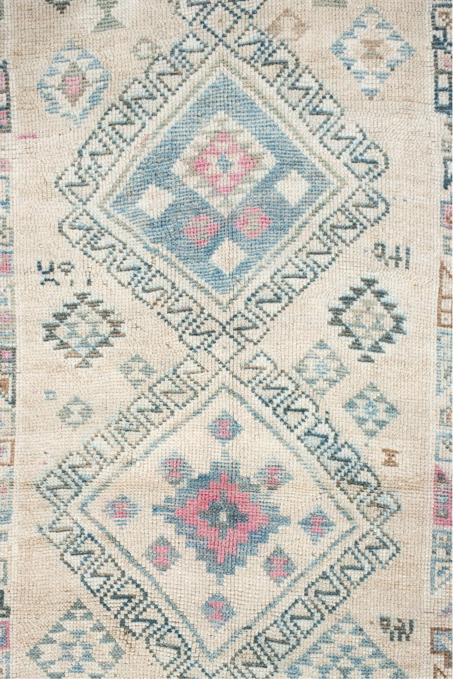 3' x 6' one-of-a-kind handmade vintage Gabbe small size rug. Color palette: ivory, sky blue, charcoal, blush, camel, taupe