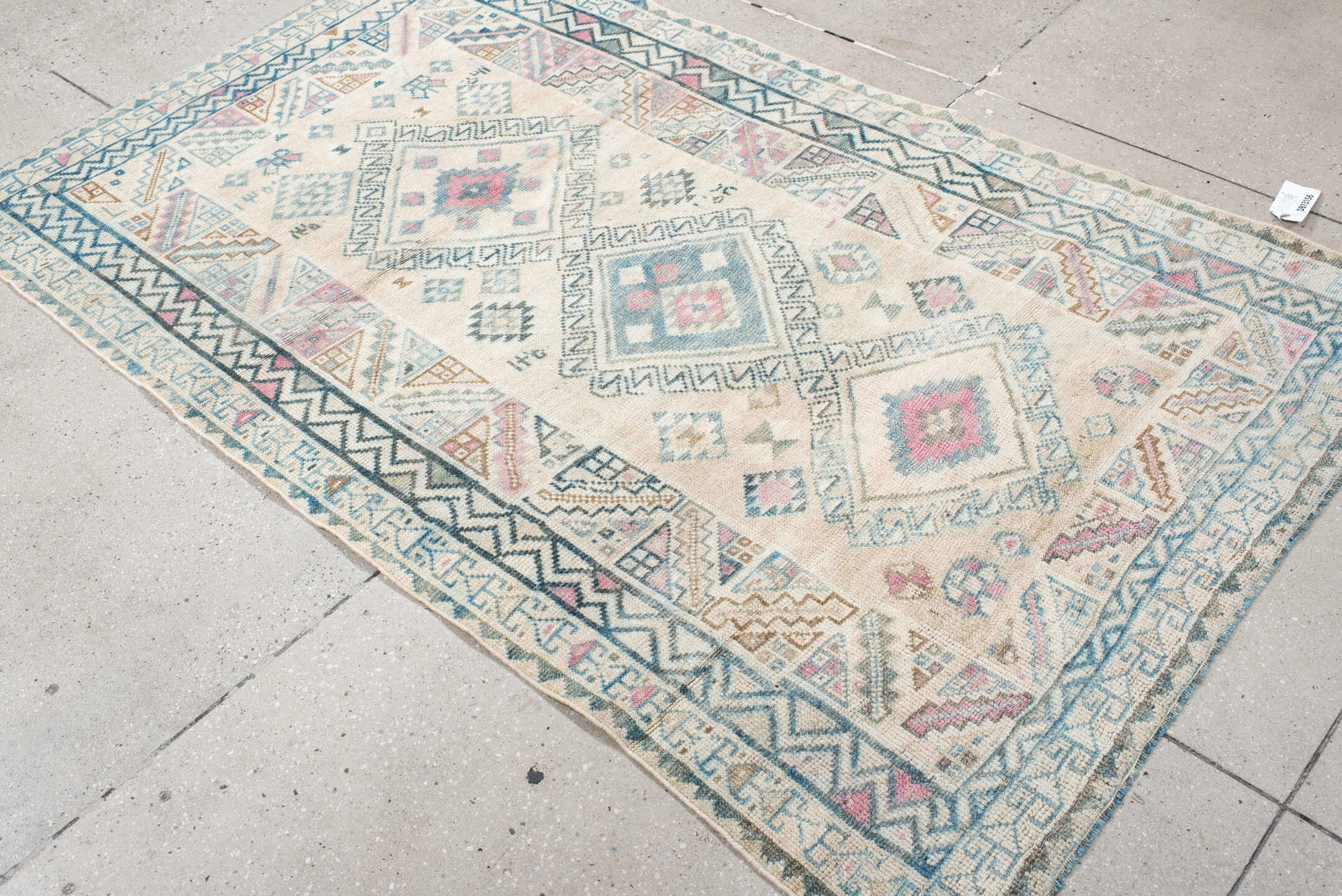 3' x 6' one-of-a-kind handmade vintage Gabbe small size rug. Color palette: ivory, sky blue, charcoal, blush, camel, taupe