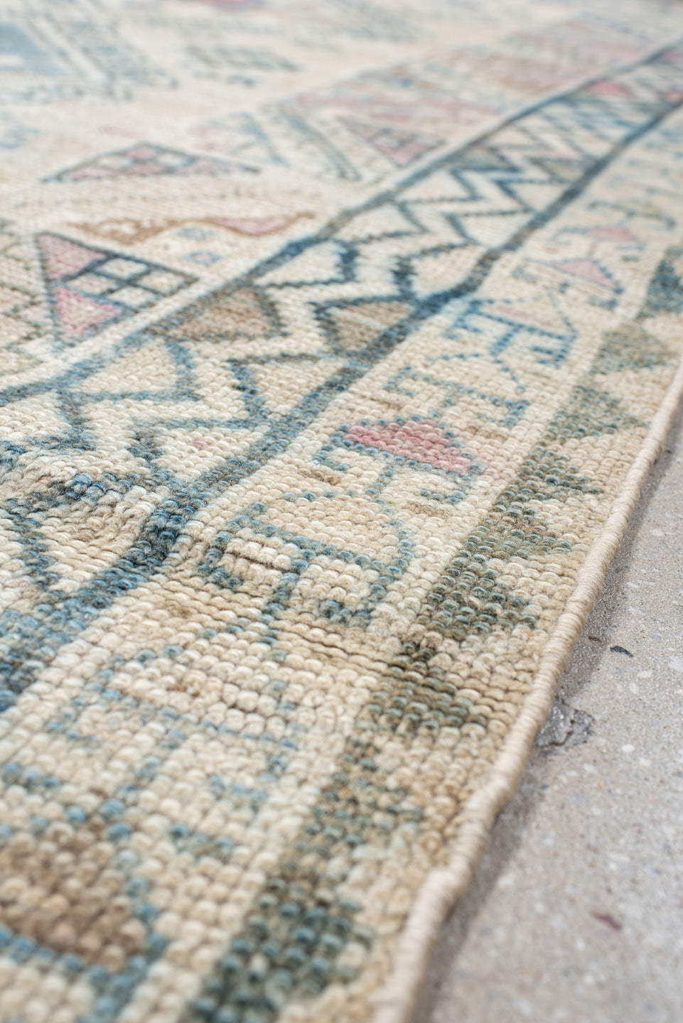 3' x 6' one-of-a-kind handmade vintage Gabbe small size rug. Color palette: ivory, sky blue, charcoal, blush, camel, taupe