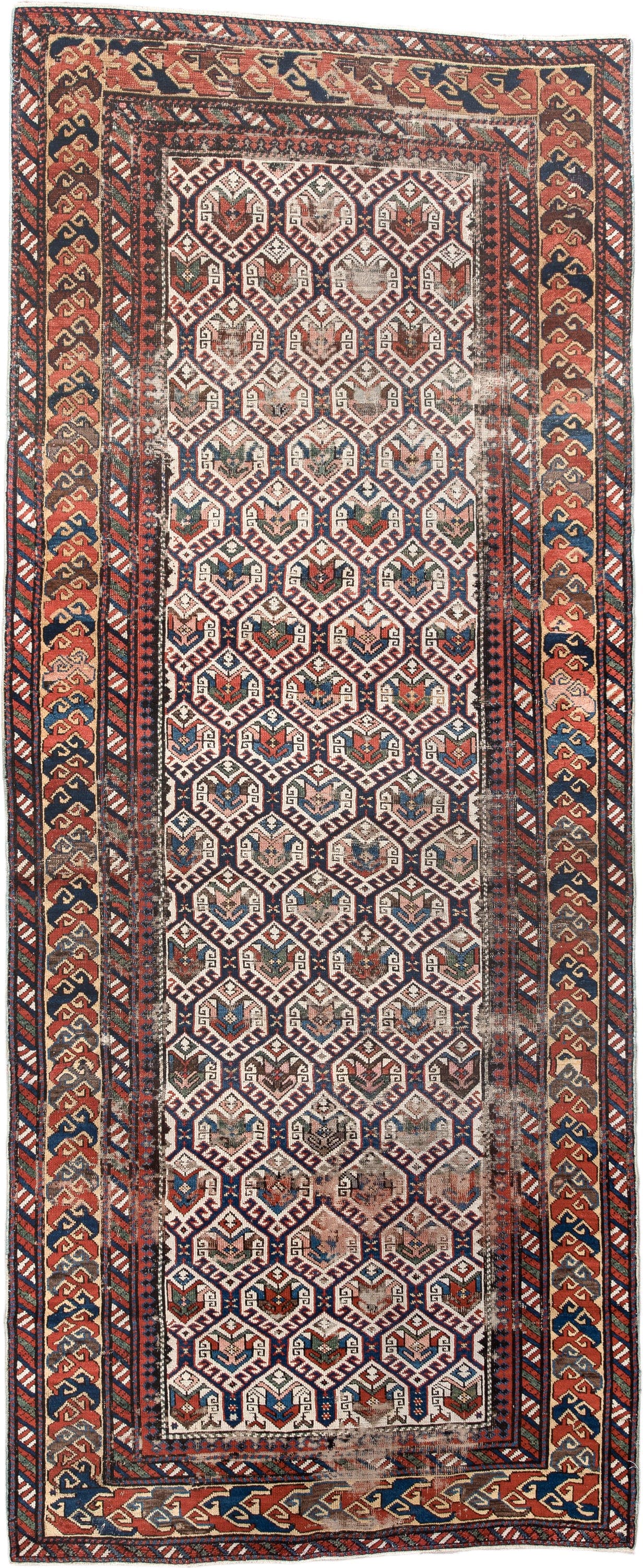 3' x 9' one-of-a-kind handmade antique Shirvan runner rug. Color palette: navy, ivory, rust, brick, camel, slate, crimson