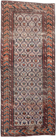 3' x 9' one-of-a-kind handmade antique Shirvan runner rug. Color palette: navy, ivory, rust, brick, camel, slate, crimson