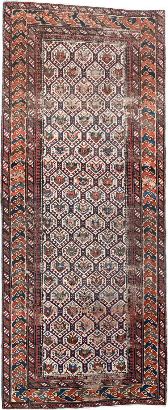 3' x 9' one-of-a-kind handmade antique Shirvan runner rug. Color palette: navy, ivory, rust, brick, camel, slate, crimson